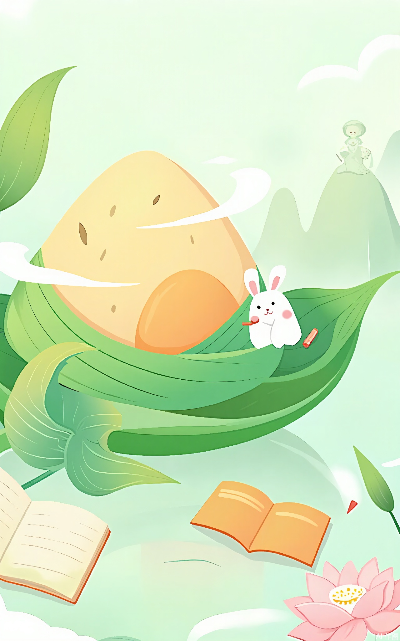 DWJ, A whimsical, digital illustration in a soft, pastel color palette featuring a large, yellow egg with brown speckles in the center. Surrounding the egg are lush, green leaves and a white rabbit with a gentle expression. The background includes rolling hills and a distant figure wearing a traditional outfit, standing atop the hills. The foreground has a partially opened book and a pink lotus flower. The scene is serene and dreamlike, with a gentle, pastel green sky. The overall style is soft and whimsical, with a focus on nature and tranquility.