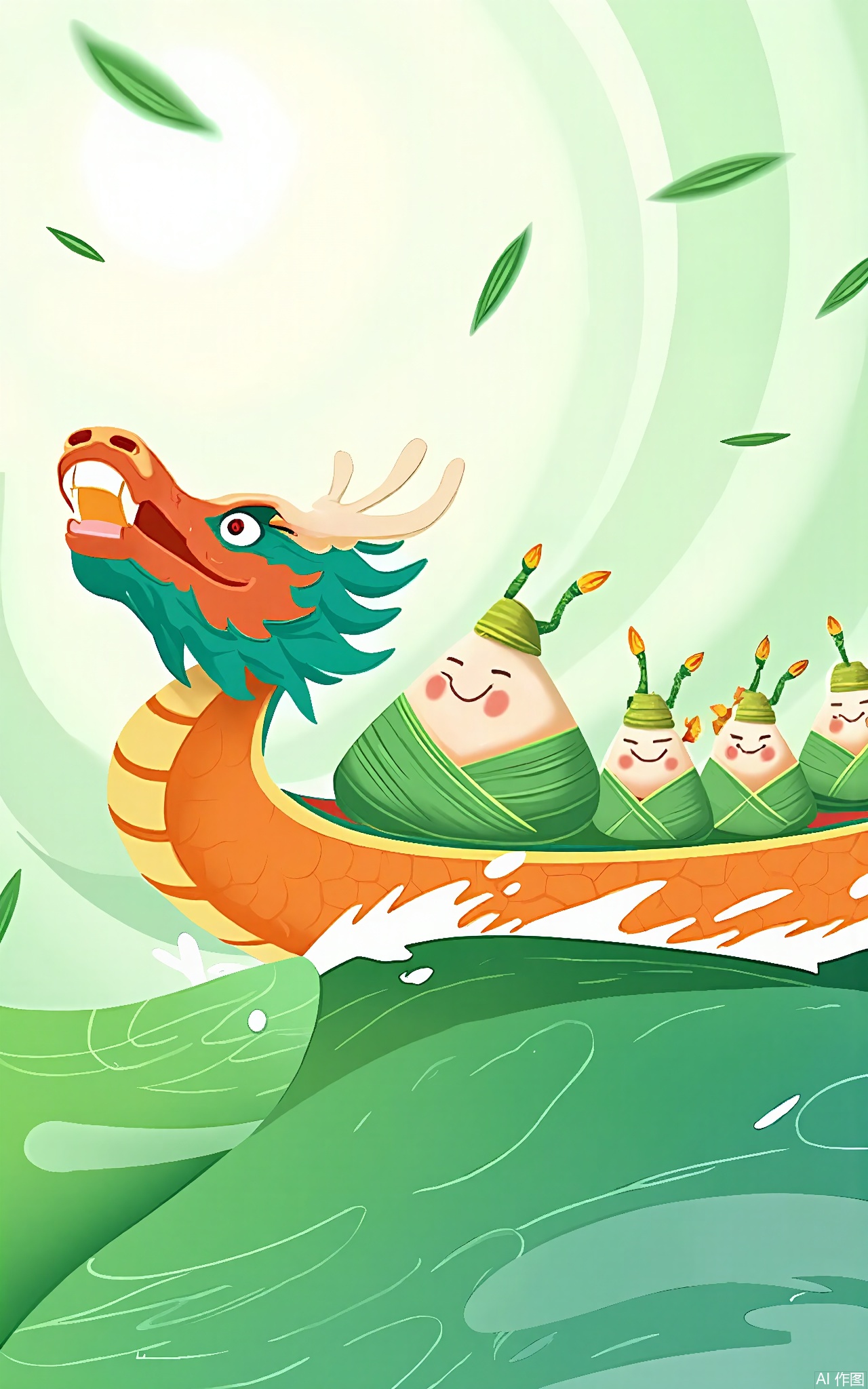 DWJ, 
A playful tea-party dragon boat: a giant teapot with a dragon-head spout races across a sky of swirling matcha-green leaves. Tiny cups with anthropomorphic faces cheer from the deck, wearing hats made of calamus stems.
