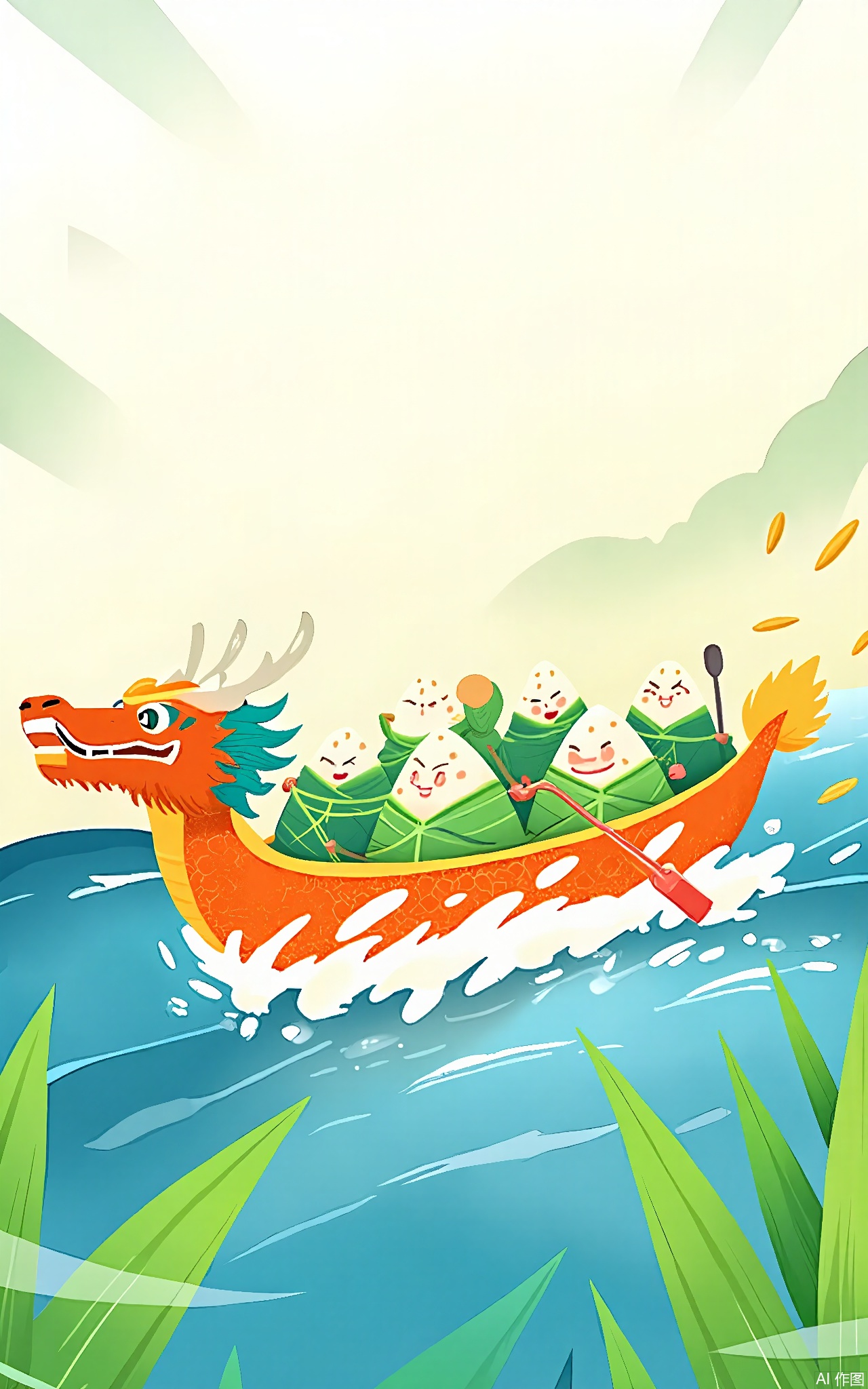 DWJ, 
A joyful scene of anthropomorphic zongzi (rice dumplings) racing in a banana-shaped boat with a dragon head. Each zongzi wears a tiny life jacket and paddles furiously, surrounded by swirling green reed leaves and golden rice grains splashing in their wake.

