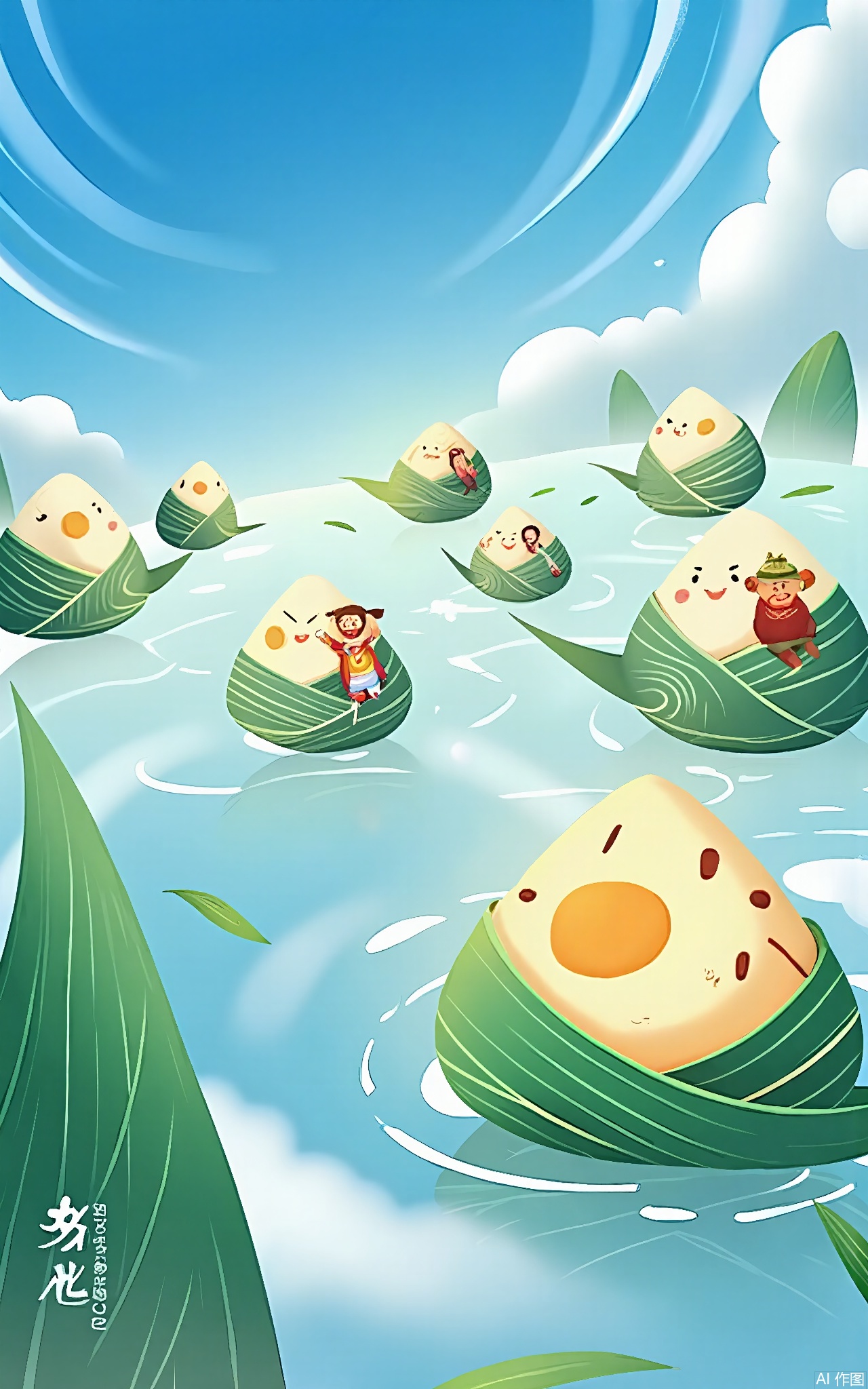 DWJ, 
A dreamlike procession of glowing lanterns shaped like inverted rice bowls, each carrying a smiling Qu Yuan figurine. They drift through a sky streaked with auroras of woven mugwort leaves.
