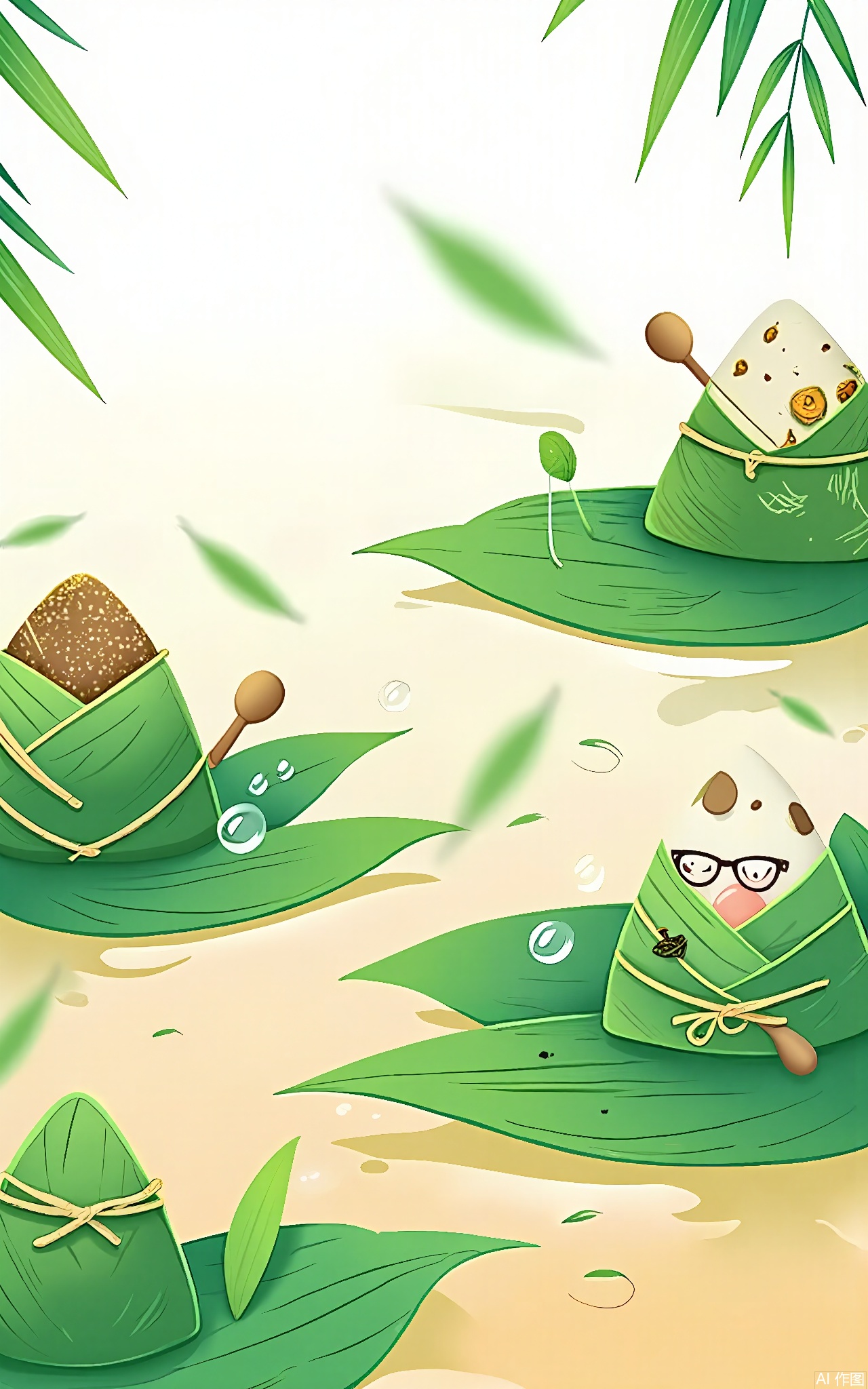 DWJ, 
A dreamy tableau of anthropomorphic sachets (herb-filled pouches) dancing among giant mugwort leaves. One sachet wears tiny spectacles and holds a miniature oar, while another blows bubble-shaped calamus leaves.
