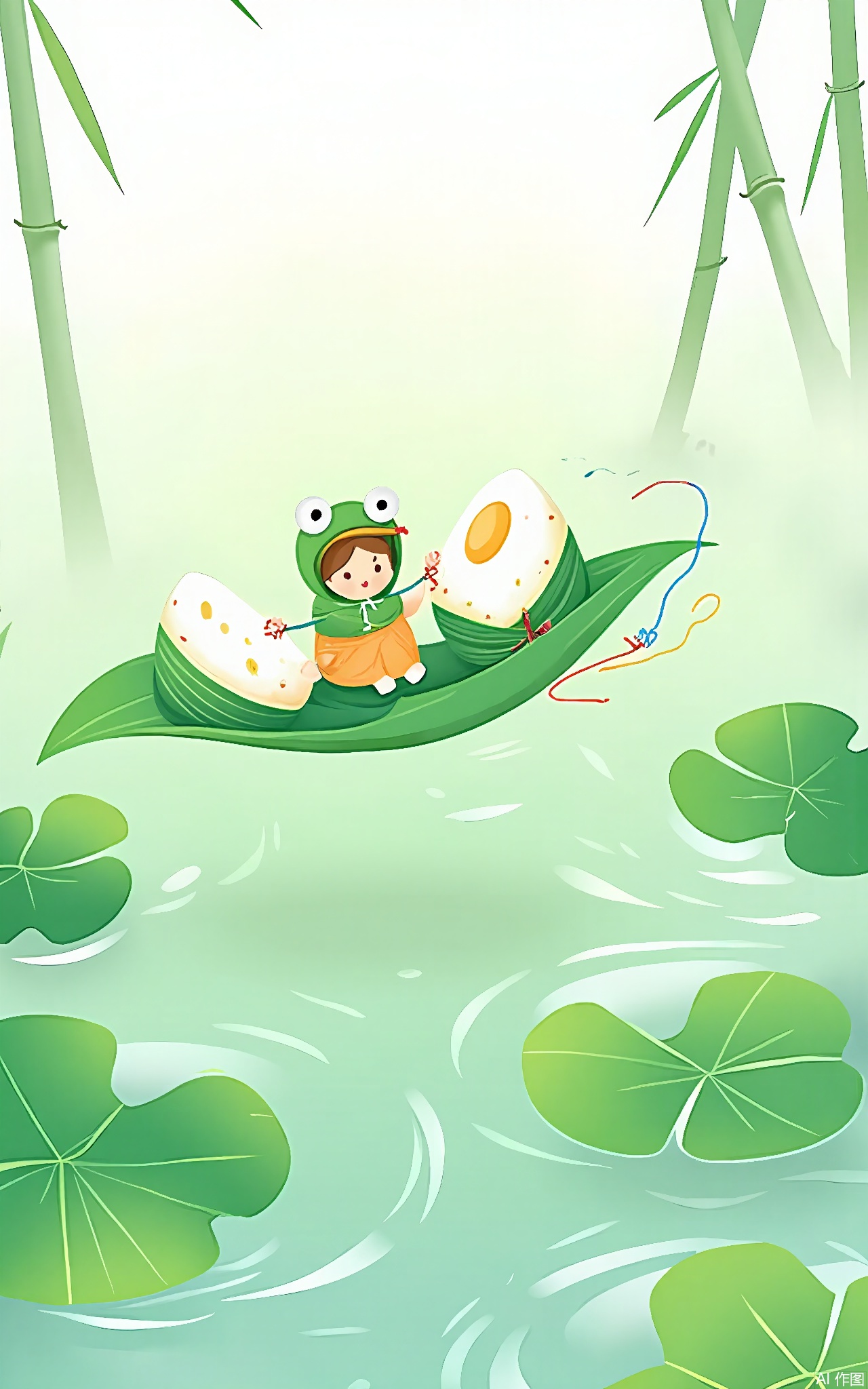 DWJ, 
A child figure in a frog-costume balances on a giant lotus leaf, holding a string of colorful thread bracelets. The background blends translucent bamboo leaves with floating sticky rice grains shaped like stars.

