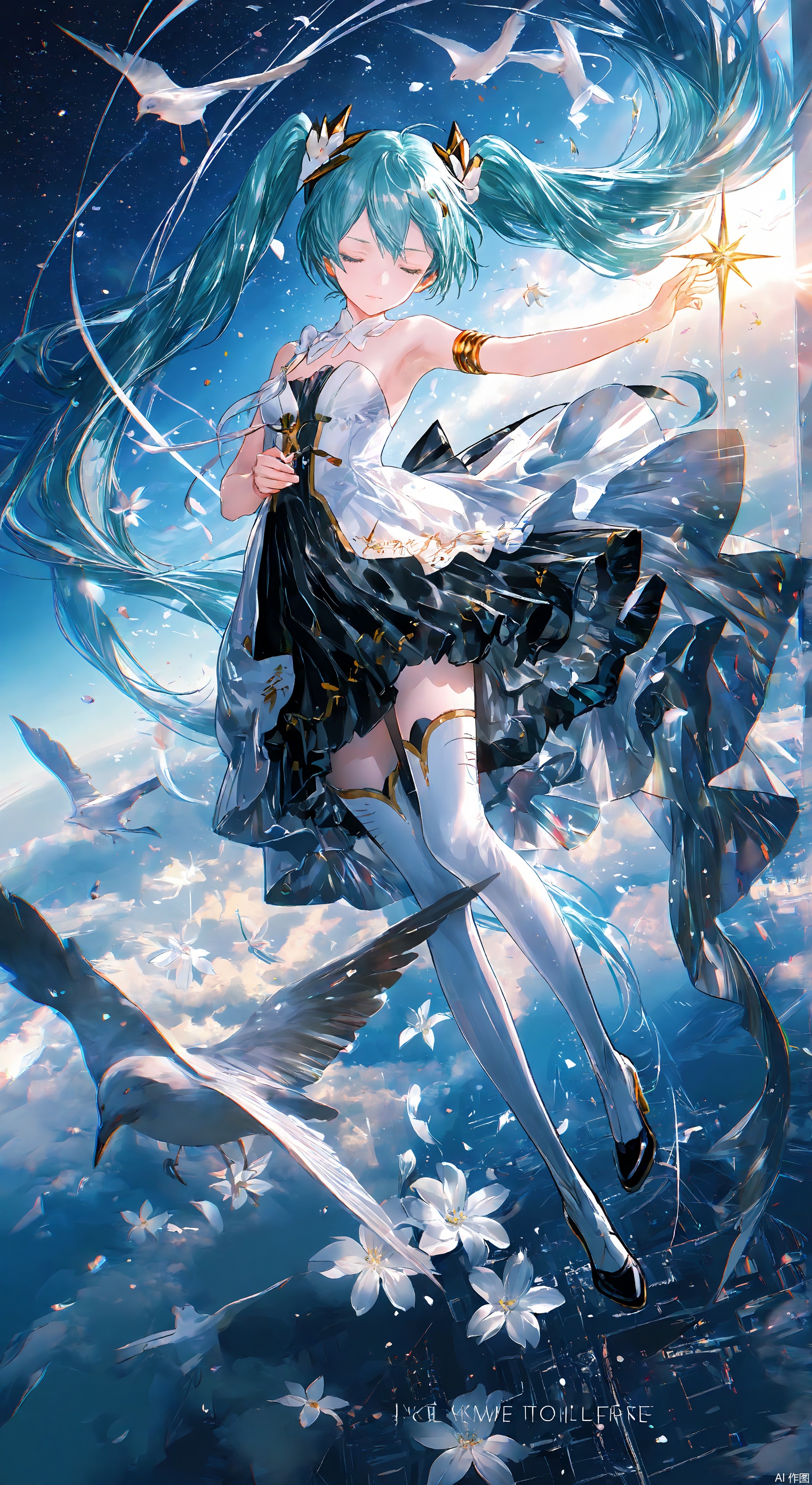 1girl, solo, long hair, breasts, bangs, hair ornament, thighhighs, dress, bow, holding, twintails, very long hair, closed mouth, blue hair, full body, closed eyes, flower, boots, white dress, character name, black dress, high heels, white thighhighs, aqua hair, copyright name, floating hair, thigh boots, blue background, white footwear, own hands together, white flower, facing viewer, armlet, gold trim, hatsune miku      ,Light, shadow
 ,(Murata_Renge:0.8),(reoen1:1),(as109:0.7),(Saebe_Shun:0.7),(akipeko:0.7),(Toronto:0.8),(lineart:0.8),(fuzichoco:0.6),(Mika Pikazo:0.4),(Artist: sheya:0.5),(wlop:0.4),Illustration,Simple Flat Coloring,lightshadow,line art,shadow,masterpiece,best quality,good quality,very aesthetic,A shot with tension,impactful picture,offcial art,movie perspective,masterpiece,facing the lens,best quality,very aesthetic,extremely delicate and beautiful,huge filesize,amazing quality,Blurred foreground,solo_focus,simple_background,depth_of_field,sunlight,reflective,masterful details,intricate details,soothing tones,high contrast,natural skin texture,soft light,sharp,ultra-high resolution,32K UHD,,yswh