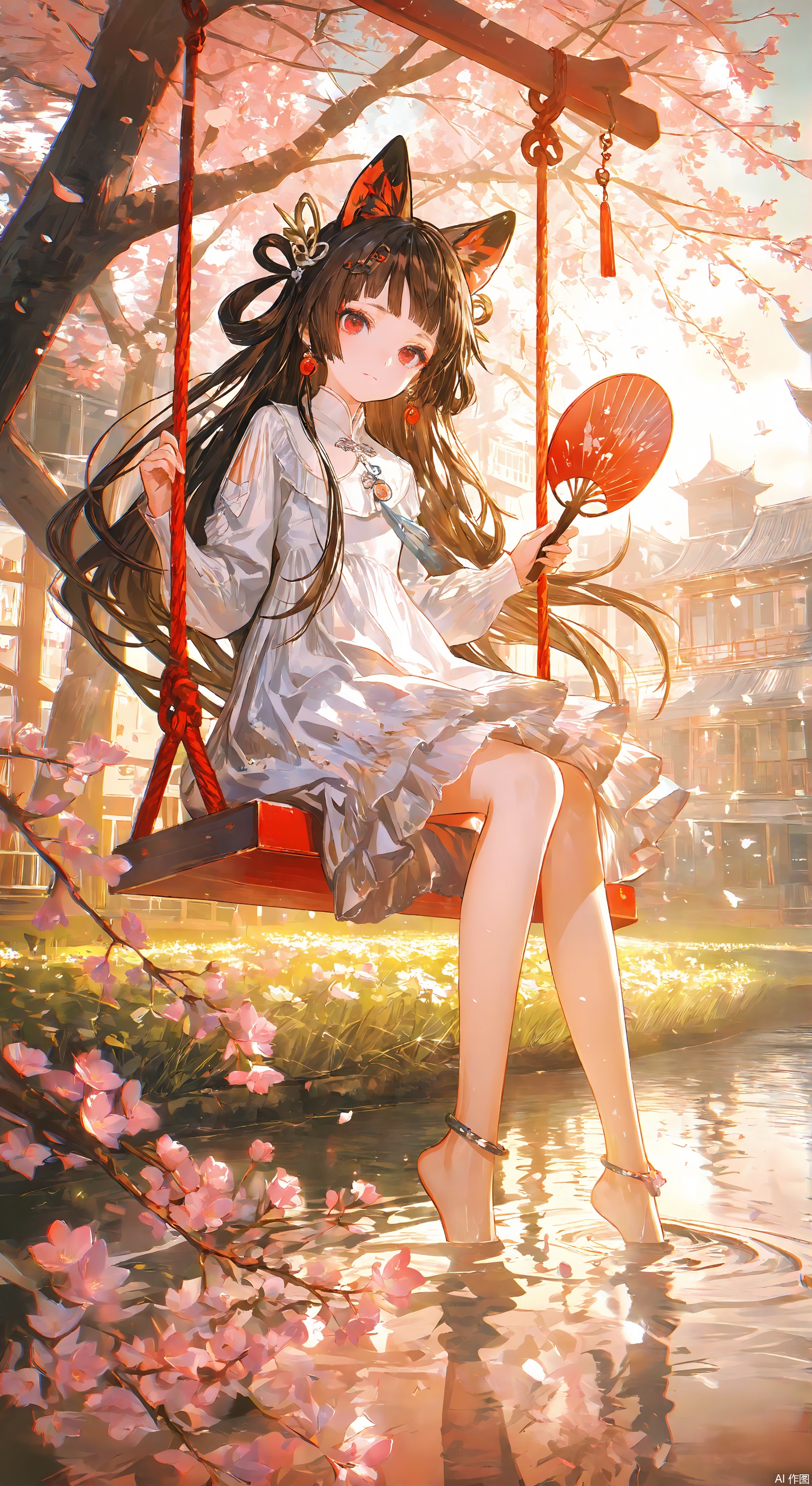 1girl, solo, long hair, looking at viewer, bangs, brown hair, hair ornament, red eyes, long sleeves, dress, ribbon, holding, animal ears, jewelry, sitting, closed mouth, full body, flower, earrings, outdoors, barefoot, day, water, white dress, plant, hand fan, pink flower, hair rings, anklet, branch, holding fan, soaking feet, swing  ,Light, shadow
 ,(Murata_Renge:0.8),(reoen1:1),(as109:0.7),(Saebe_Shun:0.7),(akipeko:0.7),(Toronto:0.8),(lineart:0.8),(fuzichoco:0.6),(Mika Pikazo:0.4),(Artist: sheya:0.5),(wlop:0.4),Illustration,Simple Flat Coloring,lightshadow,line art,shadow,masterpiece,best quality,good quality,very aesthetic,A shot with tension,impactful picture,offcial art,movie perspective,masterpiece,facing the lens,best quality,very aesthetic,extremely delicate and beautiful,huge filesize,amazing quality,Blurred foreground,solo_focus,simple_background,depth_of_field,sunlight,reflective,masterful details,intricate details,soothing tones,high contrast,natural skin texture,soft light,sharp,ultra-high resolution,32K UHD,,yswh