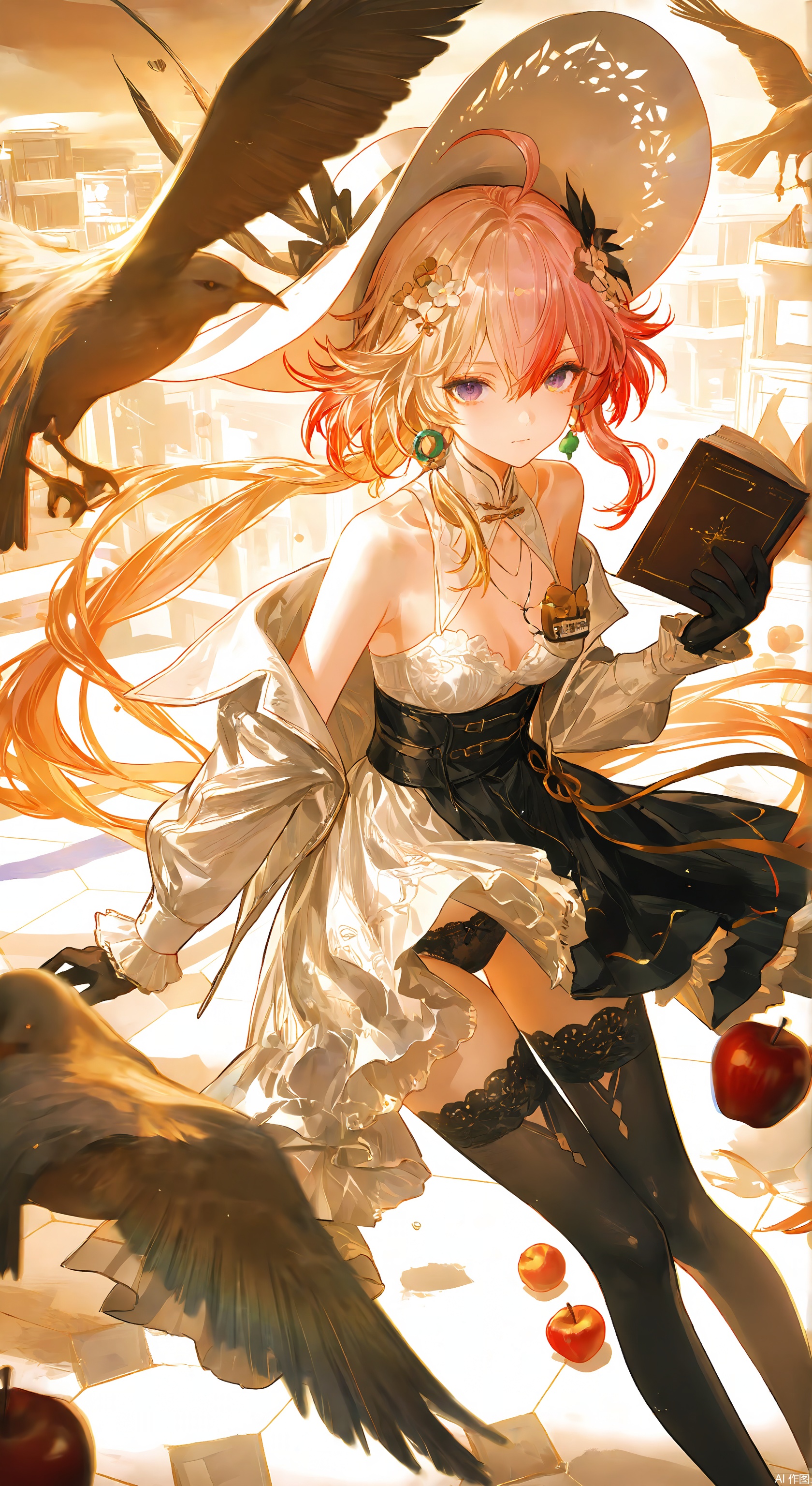 1girl, solo, long hair, looking at viewer, bangs, skirt, blonde hair, shirt, hair ornament, gloves, long sleeves, hat, bow, holding, very long hair, purple eyes, jacket, food, black gloves, black skirt, book, fruit, feet out of frame, bird, white headwear, white jacket, holding food, holding book, sun hat, apple,changli,1girl,long hair,bangs,hair ornament,ribbon,hair between eyes,bare shoulders,yellow eyes,ahoge,red hair,short hair,multicolored hair,highlighted hair,pink hair,dress,black thighhighs,white dress,flower,hair flower,chinese clothes,lace stockings,lace bra,lace panties,exposed,sexy,    ,Light, shadow
 ,(Murata_Renge:0.8),(reoen1:1),(as109:0.7),(Saebe_Shun:0.7),(akipeko:0.7),(Toronto:0.8),(lineart:0.8),(fuzichoco:0.6),(Mika Pikazo:0.4),(Artist: sheya:0.5),(wlop:0.4),Illustration,Simple Flat Coloring,lightshadow,line art,shadow,masterpiece,best quality,good quality,very aesthetic,A shot with tension,impactful picture,offcial art,movie perspective,masterpiece,facing the lens,best quality,very aesthetic,extremely delicate and beautiful,huge filesize,amazing quality,Blurred foreground,solo_focus,simple_background,depth_of_field,sunlight,reflective,masterful details,intricate details,soothing tones,high contrast,natural skin texture,soft light,sharp,ultra-high resolution,32K UHD,,yswh