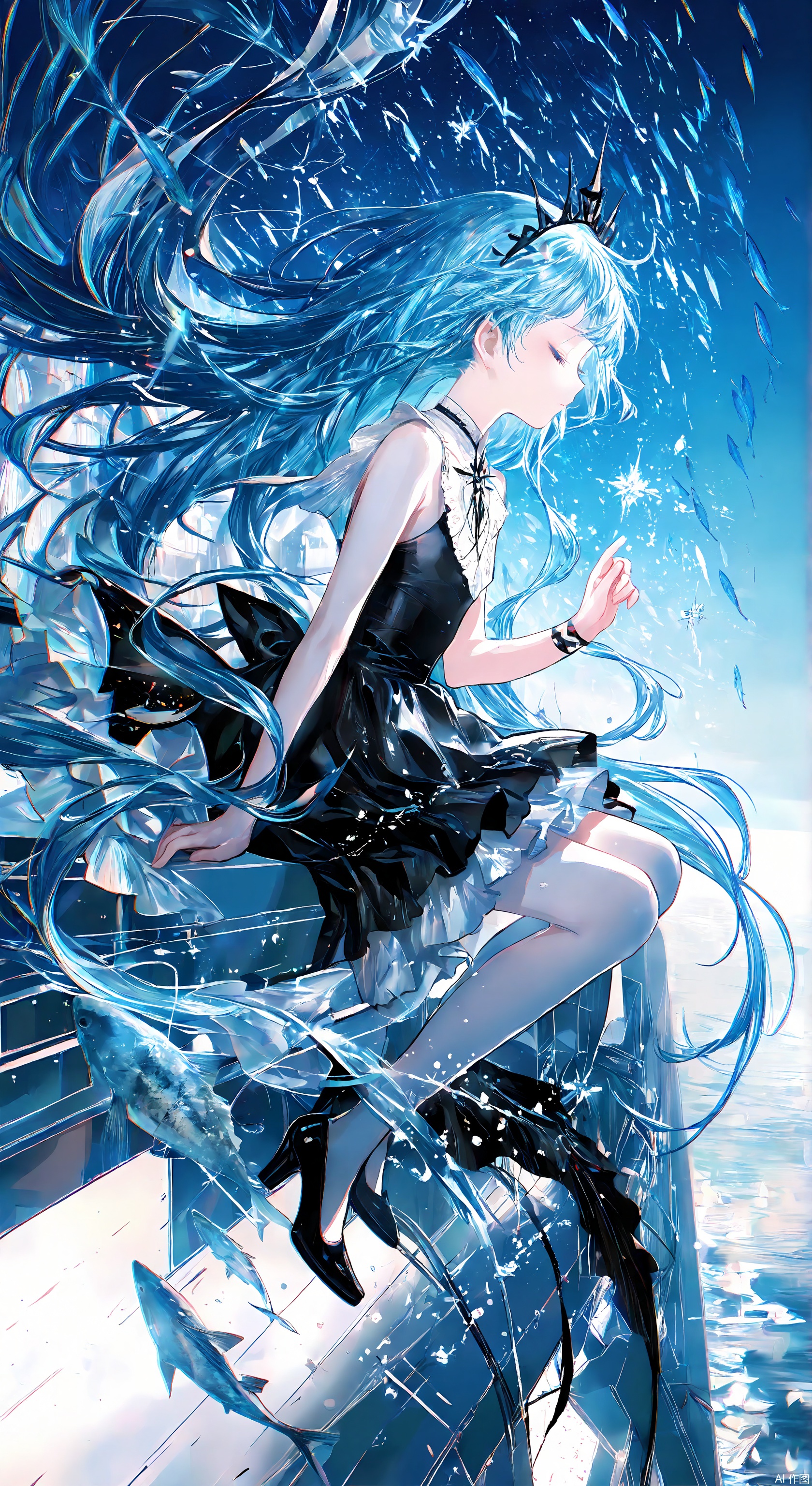 1girl, solo, long hair, dress, sitting, blue hair, closed eyes, sleeveless, water, black dress, from side, profile, blue background, crown, fish, blue theme ,Light, shadow
 ,(Murata_Renge:0.8),(reoen1:1),(as109:0.7),(Saebe_Shun:0.7),(akipeko:0.7),(Toronto:0.8),(lineart:0.8),(fuzichoco:0.6),(Mika Pikazo:0.4),(Artist: sheya:0.5),(wlop:0.4),Illustration,Simple Flat Coloring,lightshadow,line art,shadow,masterpiece,best quality,good quality,very aesthetic,A shot with tension,impactful picture,offcial art,movie perspective,masterpiece,facing the lens,best quality,very aesthetic,extremely delicate and beautiful,huge filesize,amazing quality,Blurred foreground,solo_focus,simple_background,depth_of_field,sunlight,reflective,masterful details,intricate details,soothing tones,high contrast,natural skin texture,soft light,sharp,ultra-high resolution,32K UHD,,yswh