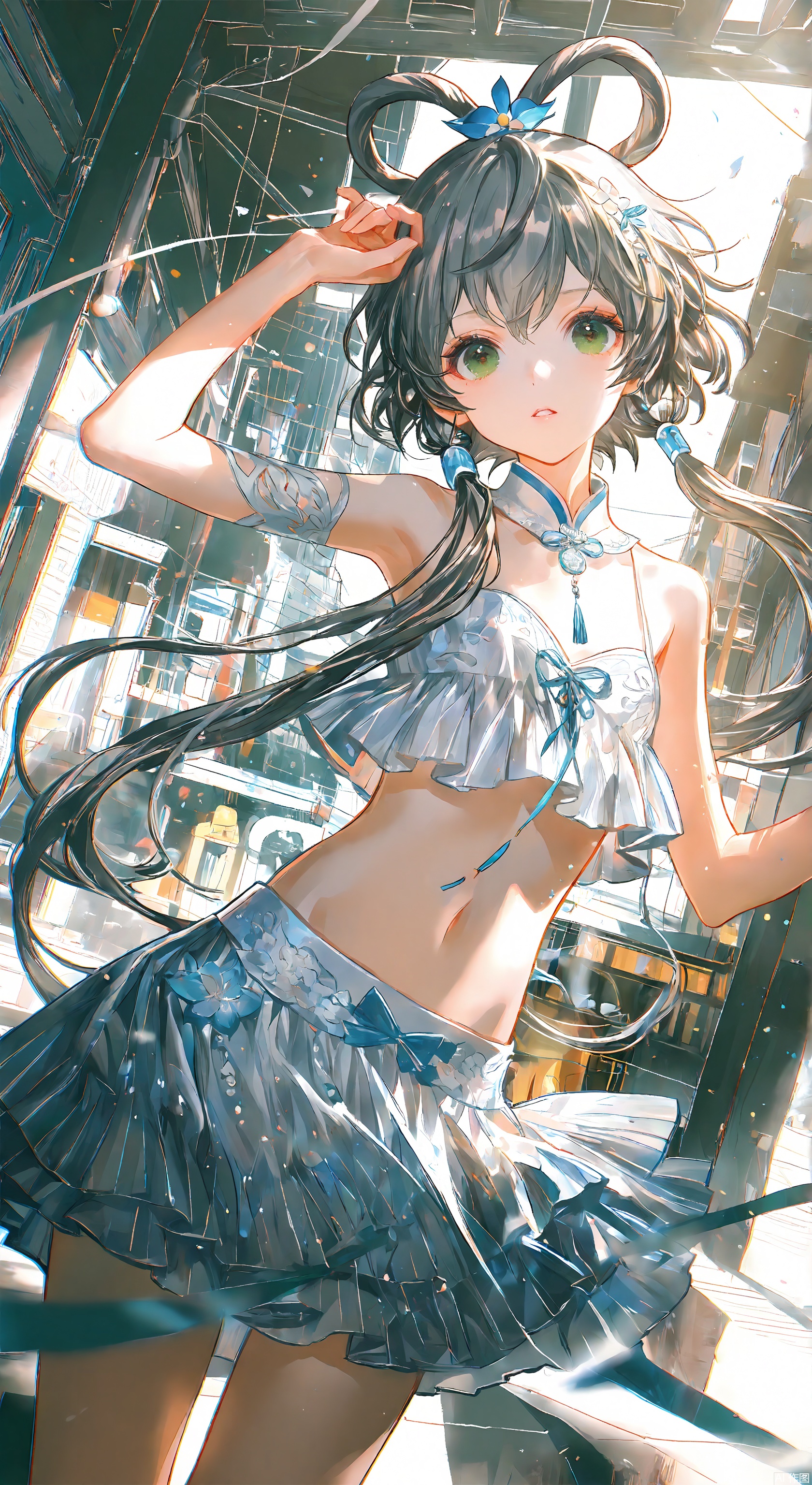 1girl, solo, long hair, looking at viewer, bangs, skirt, navel, bare shoulders, jewelry, green eyes, grey hair, cowboy shot, parted lips, midriff, arm up, hair rings, luo tianyi   ,Light, shadow
 ,(Murata_Renge:0.8),(reoen1:1),(as109:0.7),(Saebe_Shun:0.7),(akipeko:0.7),(Toronto:0.8),(lineart:0.8),(fuzichoco:0.6),(Mika Pikazo:0.4),(Artist: sheya:0.5),(wlop:0.4),Illustration,Simple Flat Coloring,lightshadow,line art,shadow,masterpiece,best quality,good quality,very aesthetic,A shot with tension,impactful picture,offcial art,movie perspective,masterpiece,facing the lens,best quality,very aesthetic,extremely delicate and beautiful,huge filesize,amazing quality,Blurred foreground,solo_focus,simple_background,depth_of_field,sunlight,reflective,masterful details,intricate details,soothing tones,high contrast,natural skin texture,soft light,sharp,ultra-high resolution,32K UHD,,yswh