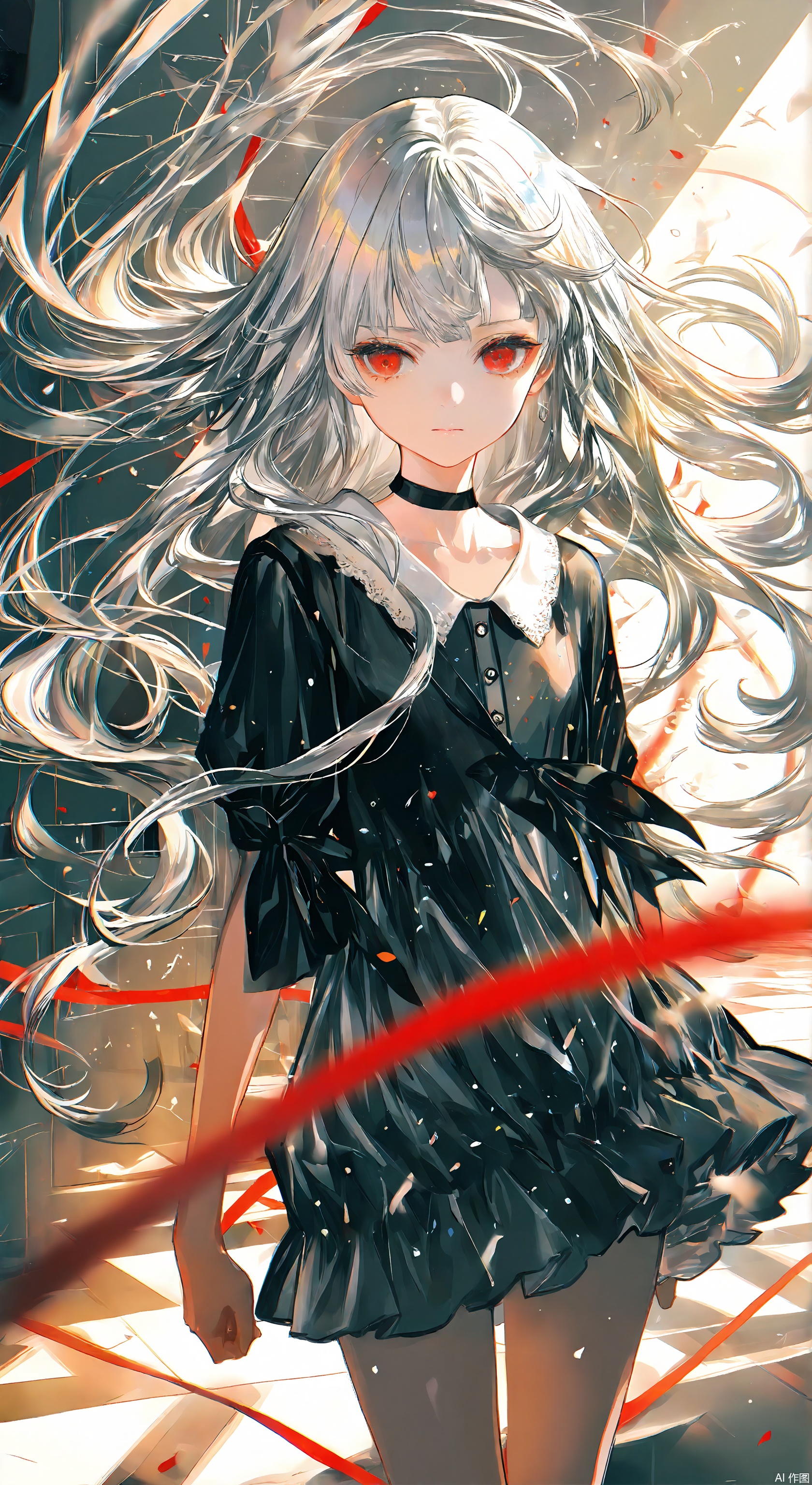 1girl, solo, long hair, bangs, shirt, red eyes, dress, closed mouth, white hair, grey hair, cowboy shot, torns clothess, black shirt, floating hair, wind,   ,Light, shadow
 ,(Murata_Renge:0.8),(reoen1:1),(as109:0.7),(Saebe_Shun:0.7),(akipeko:0.7),(Toronto:0.8),(lineart:0.8),(fuzichoco:0.6),(Mika Pikazo:0.4),(Artist: sheya:0.5),(wlop:0.4),Illustration,Simple Flat Coloring,lightshadow,line art,shadow,masterpiece,best quality,good quality,very aesthetic,A shot with tension,impactful picture,offcial art,movie perspective,masterpiece,facing the lens,best quality,very aesthetic,extremely delicate and beautiful,huge filesize,amazing quality,Blurred foreground,solo_focus,simple_background,depth_of_field,sunlight,reflective,masterful details,intricate details,soothing tones,high contrast,natural skin texture,soft light,sharp,ultra-high resolution,32K UHD,,yswh