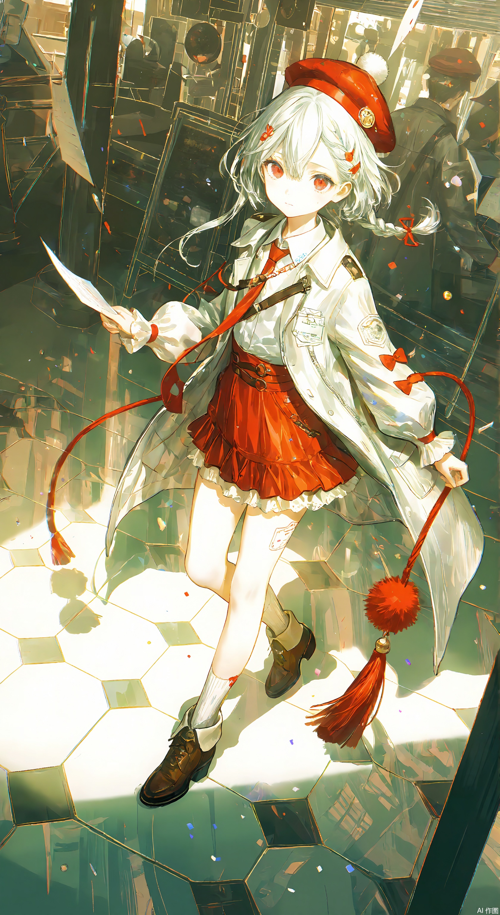 1girl, solo, looking at viewer, bangs, skirt, shirt, red eyes, long sleeves, hat, hair between eyes, closed mouth, full body, white shirt, braid, white hair, necktie, shoes, socks, coat, brown footwear, white socks, red necktie, tassel, red headwear, pom pom \(clothes\), puffy long sleeves, paper, white coat      ,Light, shadow
 ,(Murata_Renge:0.8),(reoen1:1),(as109:0.7),(Saebe_Shun:0.7),(akipeko:0.7),(Toronto:0.8),(lineart:0.8),(fuzichoco:0.6),(Mika Pikazo:0.4),(Artist: sheya:0.5),(wlop:0.4),Illustration,Simple Flat Coloring,lightshadow,line art,shadow,masterpiece,best quality,good quality,very aesthetic,A shot with tension,impactful picture,offcial art,movie perspective,masterpiece,facing the lens,best quality,very aesthetic,extremely delicate and beautiful,huge filesize,amazing quality,Blurred foreground,solo_focus,simple_background,depth_of_field,sunlight,reflective,masterful details,intricate details,soothing tones,high contrast,natural skin texture,soft light,sharp,ultra-high resolution,32K UHD,,yswh