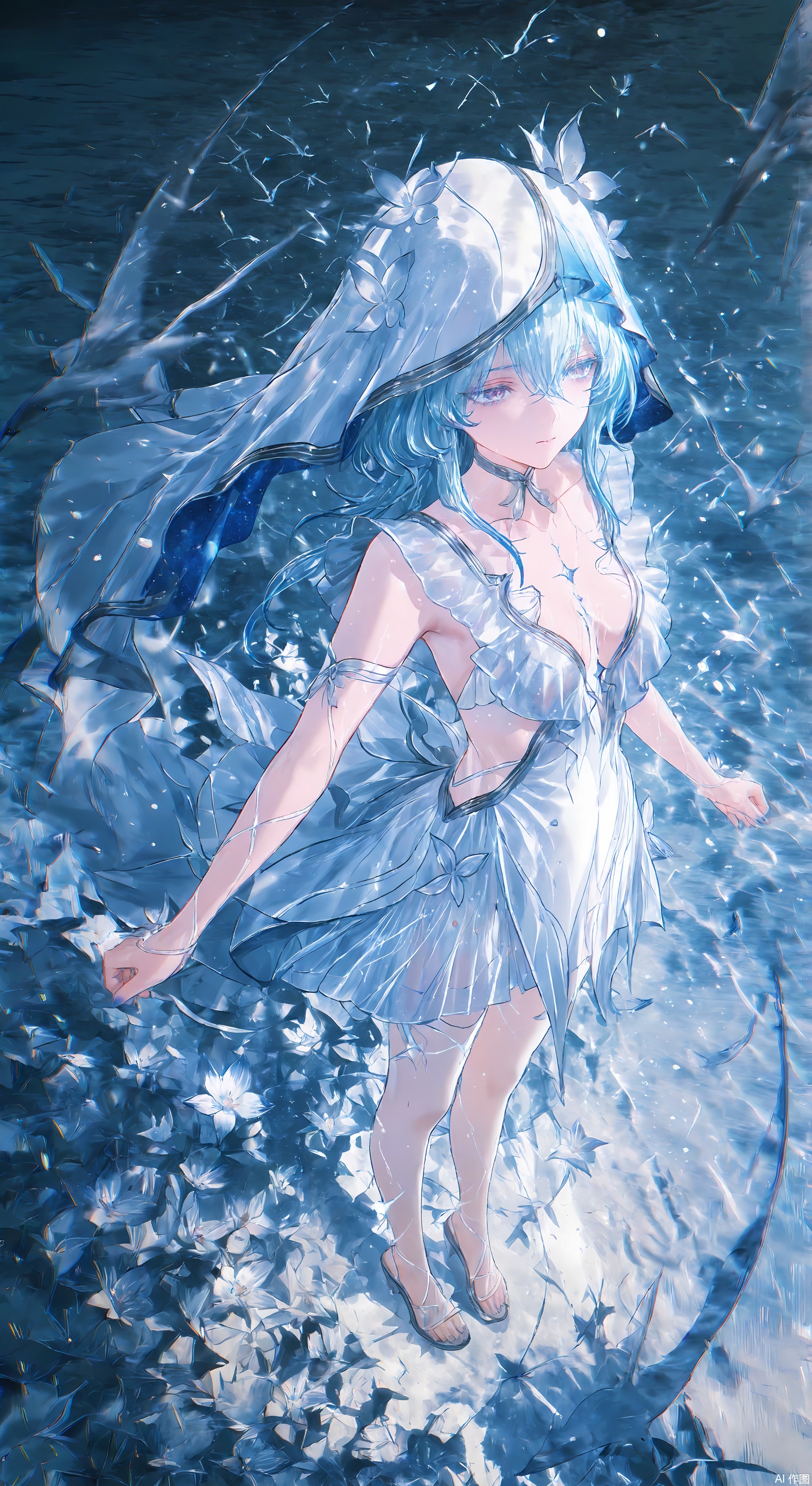 1girl, solo, looking at viewer, bangs, blue eyes, hair ornament, dress, closed mouth, blue hair, standing, full body, flower, hair flower, water, white dress,Shorekeeper,dress,breasts,blue nails,choker,cleavage,hat,hood,hood up,blue and white dress   ,Light, shadow
 ,(Murata_Renge:0.8),(reoen1:1),(as109:0.7),(Saebe_Shun:0.7),(akipeko:0.7),(Toronto:0.8),(lineart:0.8),(fuzichoco:0.6),(Mika Pikazo:0.4),(Artist: sheya:0.5),(wlop:0.4),Illustration,Simple Flat Coloring,lightshadow,line art,shadow,masterpiece,best quality,good quality,very aesthetic,A shot with tension,impactful picture,offcial art,movie perspective,masterpiece,facing the lens,best quality,very aesthetic,extremely delicate and beautiful,huge filesize,amazing quality,Blurred foreground,solo_focus,simple_background,depth_of_field,sunlight,reflective,masterful details,intricate details,soothing tones,high contrast,natural skin texture,soft light,sharp,ultra-high resolution,32K UHD,,yswh
