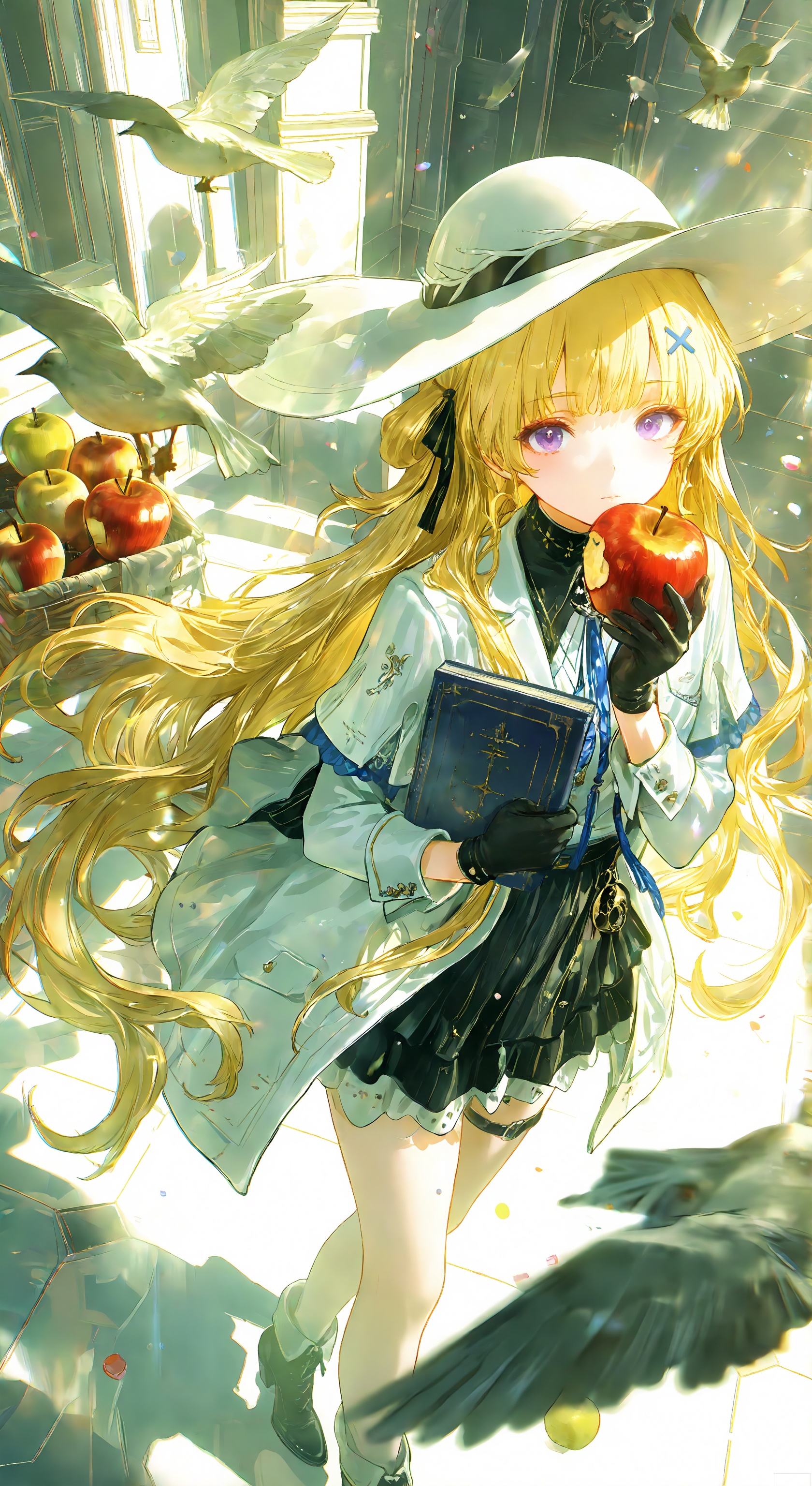1girl, solo, long hair, looking at viewer, bangs, skirt, blonde hair, shirt, hair ornament, gloves, long sleeves, hat, bow, holding, very long hair, purple eyes, jacket, food, black gloves, black skirt, book, fruit, feet out of frame, bird, white headwear, white jacket, holding food, holding book, sun hat, apple,phoebe     ,Light, shadow
 ,(Murata_Renge:0.8),(reoen1:1),(as109:0.7),(Saebe_Shun:0.7),(akipeko:0.7),(Toronto:0.8),(lineart:0.8),(fuzichoco:0.6),(Mika Pikazo:0.4),(Artist: sheya:0.5),(wlop:0.4),Illustration,Simple Flat Coloring,lightshadow,line art,shadow,masterpiece,best quality,good quality,very aesthetic,A shot with tension,impactful picture,offcial art,movie perspective,masterpiece,facing the lens,best quality,very aesthetic,extremely delicate and beautiful,huge filesize,amazing quality,Blurred foreground,solo_focus,simple_background,depth_of_field,sunlight,reflective,masterful details,intricate details,soothing tones,high contrast,natural skin texture,soft light,sharp,ultra-high resolution,32K UHD,,yswh