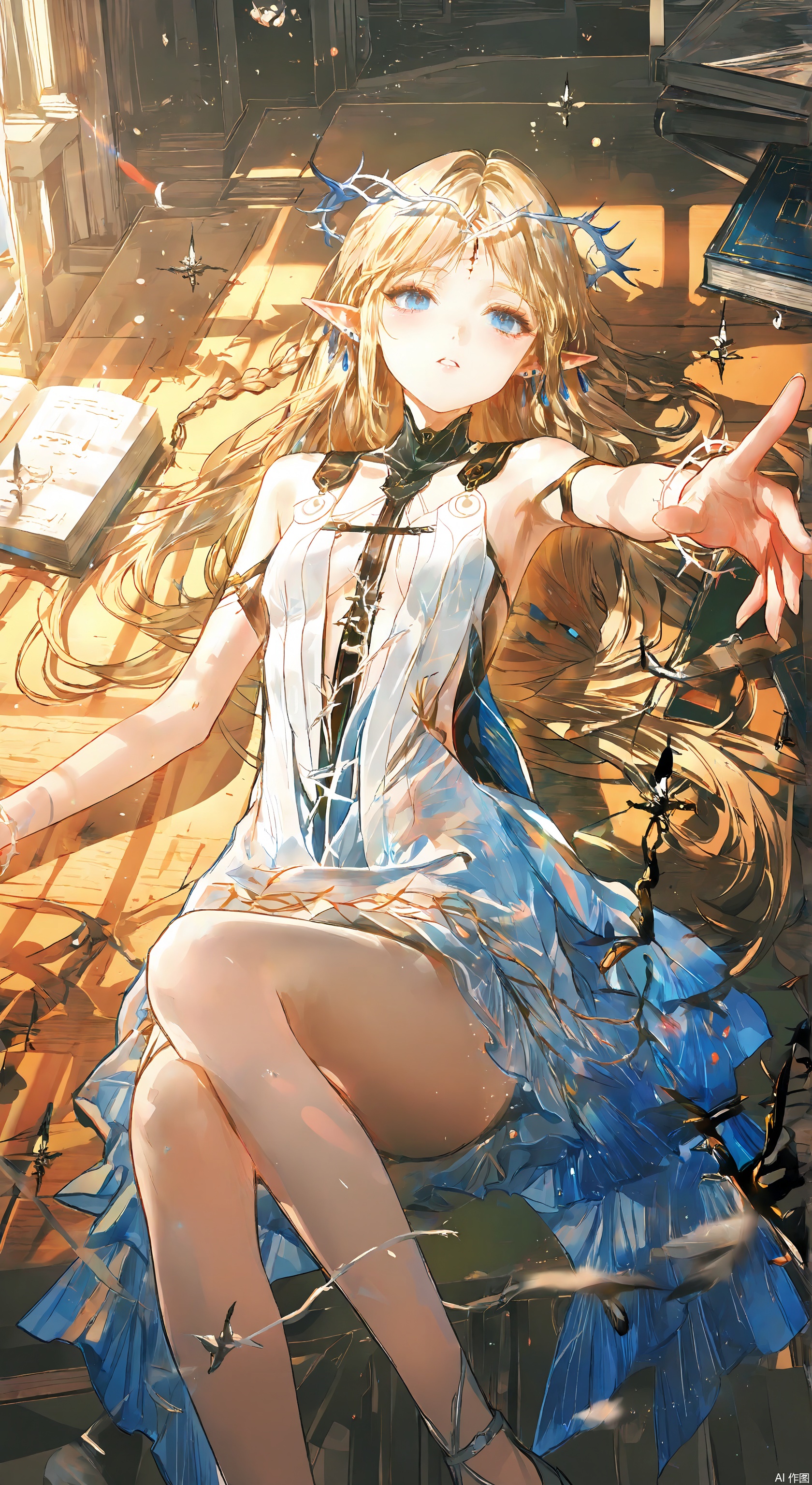 1girl, solo, long hair, breasts, looking at viewer, blush, bangs, blue eyes, blonde hair, dress, bare shoulders, jewelry, earrings, lying, parted lips, pointy ears, on back, parted bangs, book, outstretched arm,Cartethyia \(wuthering waves\), clothes: Cartethyia **** style clothes, small blue and white crown of thorns, Cartethyia white dress, black forehead mark, 1girl, blonde hair, pointy ears, long hair, blue eyes, braid, **** girl   ,Light, shadow
 ,(Murata_Renge:0.8),(reoen1:1),(as109:0.7),(Saebe_Shun:0.7),(akipeko:0.7),(Toronto:0.8),(lineart:0.8),(fuzichoco:0.6),(Mika Pikazo:0.4),(Artist: sheya:0.5),(wlop:0.4),Illustration,Simple Flat Coloring,lightshadow,line art,shadow,masterpiece,best quality,good quality,very aesthetic,A shot with tension,impactful picture,offcial art,movie perspective,masterpiece,facing the lens,best quality,very aesthetic,extremely delicate and beautiful,huge filesize,amazing quality,Blurred foreground,solo_focus,simple_background,depth_of_field,sunlight,reflective,masterful details,intricate details,soothing tones,high contrast,natural skin texture,soft light,sharp,ultra-high resolution,32K UHD,,yswh