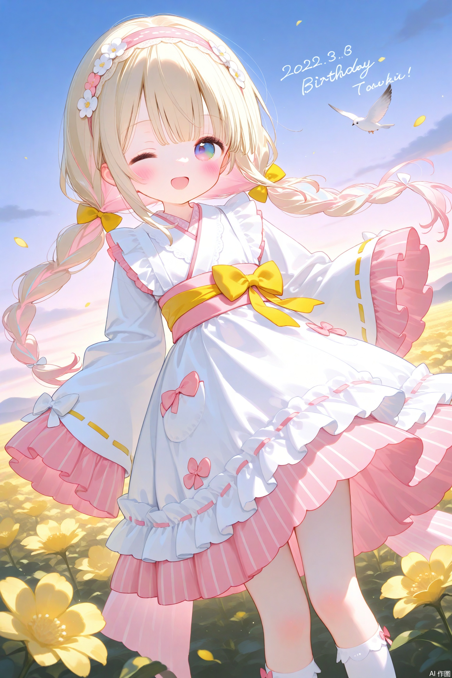 1girl, pink hair, bird, one eye closed, virtual youtuber, flower, smile, long hair, solo, braid, happy birthday, open mouth, dress, bow, long sleeves, sleeves past wrists, hair ornament, sky, looking at viewer, pink eyes, field, flower field, japanese clothes, blush, frills, kimono, hair flower, multicolored eyes, outdoors, orange bow, cloud, ;d, white flower, sleeves past fingers, red eyes, dutch angle, multicolored hair, wide sleeves, heterochromia, character doll, blue eyes, hair bow, pink dress, twin braids, ribbon, very long hair, purple eyes, character name, doll, yellow eyes, standing, single braid, frilled dress, blonde hair, white hair, ribbon braid, lolita fashion, white dress, streaked hair, stuffed toy, yellow bow, twintails, polka dot, blue sky, hair ribbon, bow hairband, socks, white bow, petals, apron, polka dot bow, dated, low twin braids, green eyes, cloudy sky, low twintails, sunset, ribbon trim, english text, waist bow, frilled kimono, dress bow, hairband, gradient eyes, yellow flower