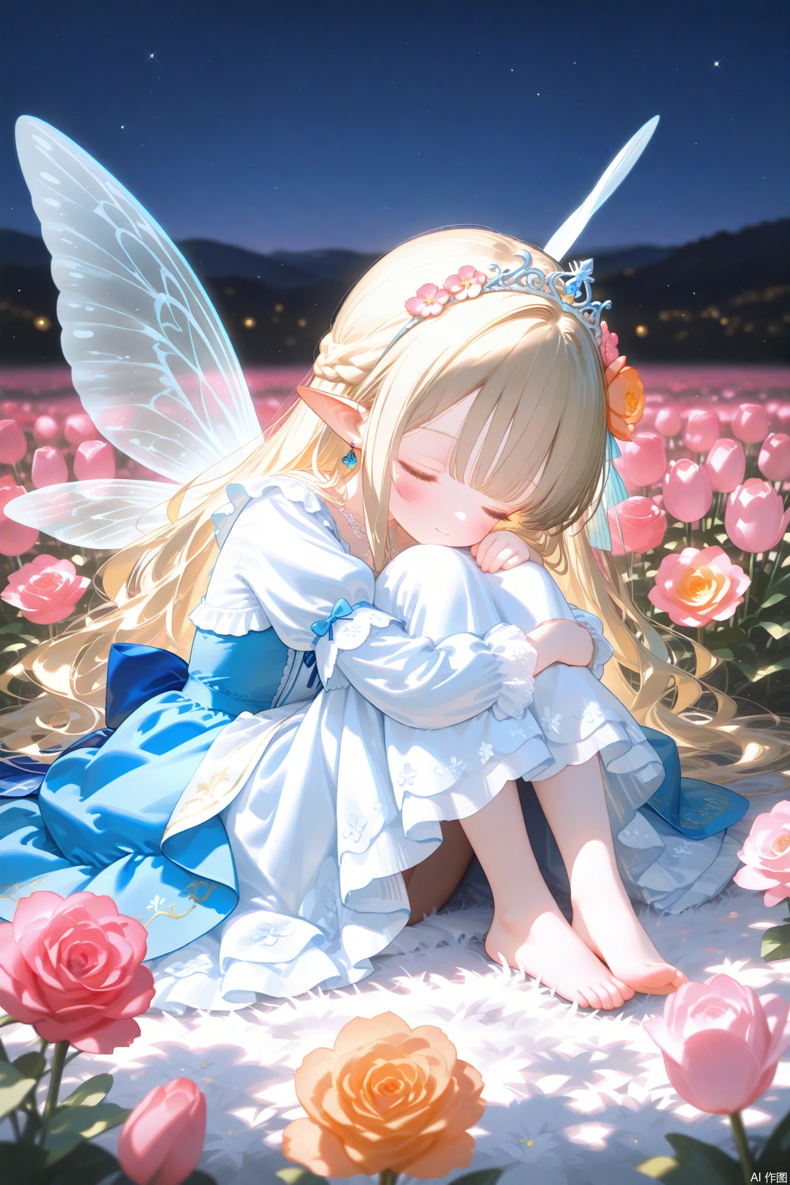 1girl, flower, closed eyes, dress, rose, long hair, solo, blonde hair, wings, hands on own knees, pink rose, pink flower, light particles, smile, fairy, blue dress, minigirl, pointy ears, fairy wings, sitting, red flower, sparkle, white dress, sleeping, red rose, mini person, signature, puffy sleeves, own hands together, orange rose, gown, closed mouth, dress flower, tiara, long dress, artist name, orange flower, long sleeves, blunt bangs, hairband, flower field, hair flower, glowing, lace-trimmed dress, layered dress, barefoot, knees up, fetal position, wavy hair, lace-trimmed sleeves, lace trim, field, short sleeves, hair ornament, curled up, petals, lace, blush, braid, tulip, curly hair, light smile, puffy short sleeves, frills, brown hair, glitter, full body, eyelashes, hugging own legs, outdoors, facing viewer, child, transparent wings, yellow flower, jewelry, frilled dress, fantasy, fingernails, nail polish, dated, angel wings, light, very long hair, plant, white wings, sky, night, princess, album cover, leaf, white flower
