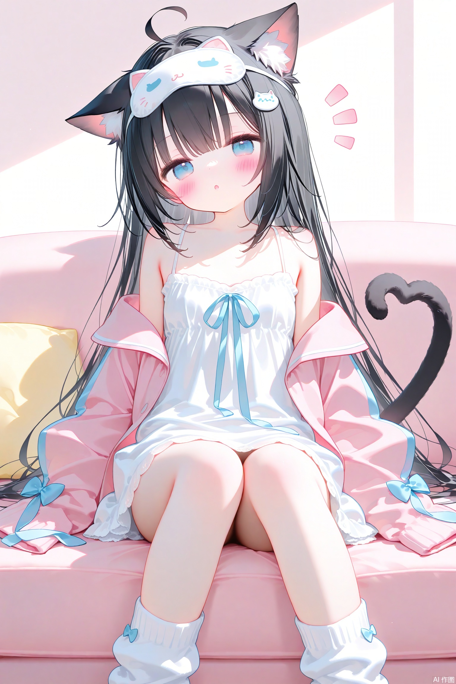 1girl, solo, long hair, looking at viewer, blush, bangs, blue eyes, black hair, hair ornament, long sleeves, dress, bow, animal ears, hair between eyes, bare shoulders, sitting, collarbone, jacket, tail, ahoge, heart, parted lips, food, open clothes, socks, puffy sleeves, virtual youtuber, cat ears, signature, off shoulder, white dress, :o, open jacket, cat tail, animal ear fluff, sleeves past wrists, pillow, mask, feet out of frame, white bow, cat girl, camisole, puffy long sleeves, sleeves past fingers, heart hair ornament, tail ornament, notice lines, controller, mask on head, pink jacket, loose socks, cat hair ornament, white camisole, striped socks, eye mask, heart tail, sleep mask