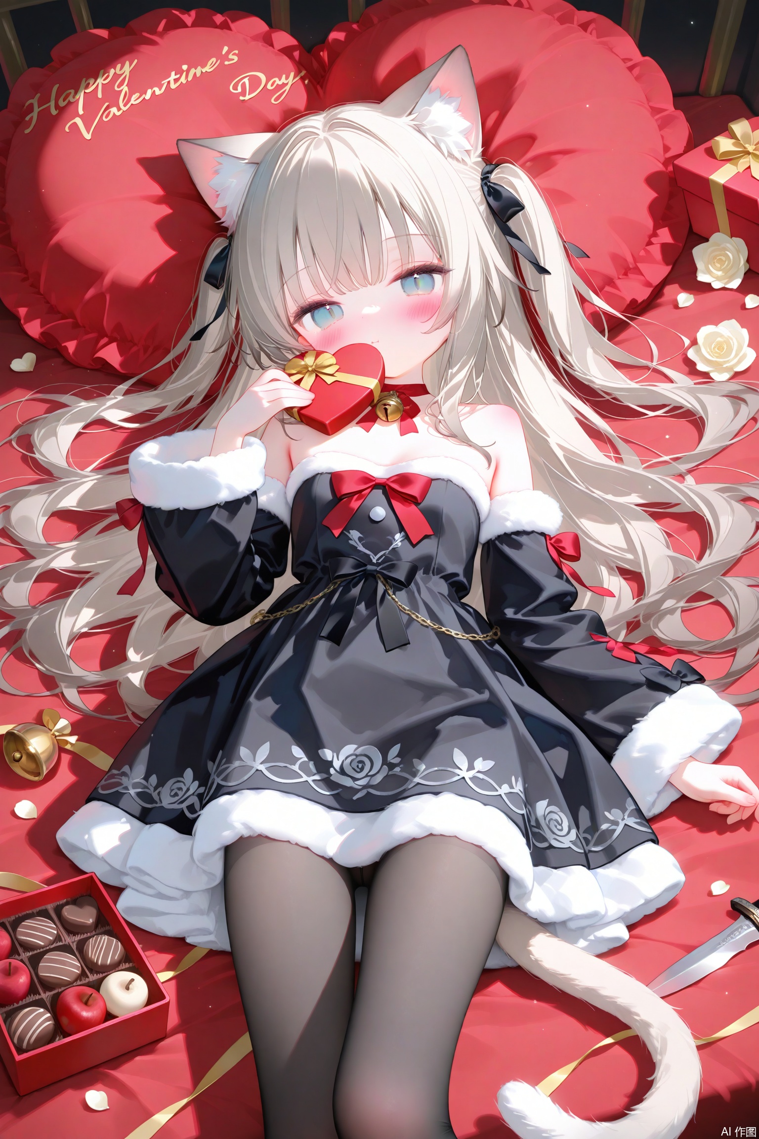1girl, animal ears, solo, cat ears, pantyhose, pillow, lying, tail, dress, gift, heart, looking at viewer, heart-shaped pillow, flower, black pantyhose, bell, on back, slit pupils, rose, long hair, fur trim, cat tail, black dress, box, ribbon, gift box, fur-trimmed sleeves, valentine, heart-shaped box, long sleeves, white rose, white flower, cat girl, cat, red ribbon, food, jingle bell, neck bell, holding, grey eyes, lace trim, blue eyes, feet out of frame, holding heart, knife, very long hair, weapon, frilled pillow, lace, fruit, fur collar, wavy hair, black ribbon, bare shoulders, animal ear fluff, strapless dress, detached sleeves, blonde hair, frills, lace-trimmed dress, grey hair, white hair, chocolate, collar, dagger, light particles, blush, animal, neck ribbon, holding food, tsurime, on bed, holding gift, happy valentine, english text, bed sheet, heart-shaped chocolate, eating, strapless, covered mouth, covering own mouth, bow, box of chocolates, christmas, cushion, black bow, black sleeves, holding fruit, apple, short dress, fur-trimmed dress, fingernails, green eyes, choker, brown hair, off-shoulder dress, artist name, eyelashes, closed mouth, hand up, sword, candy
