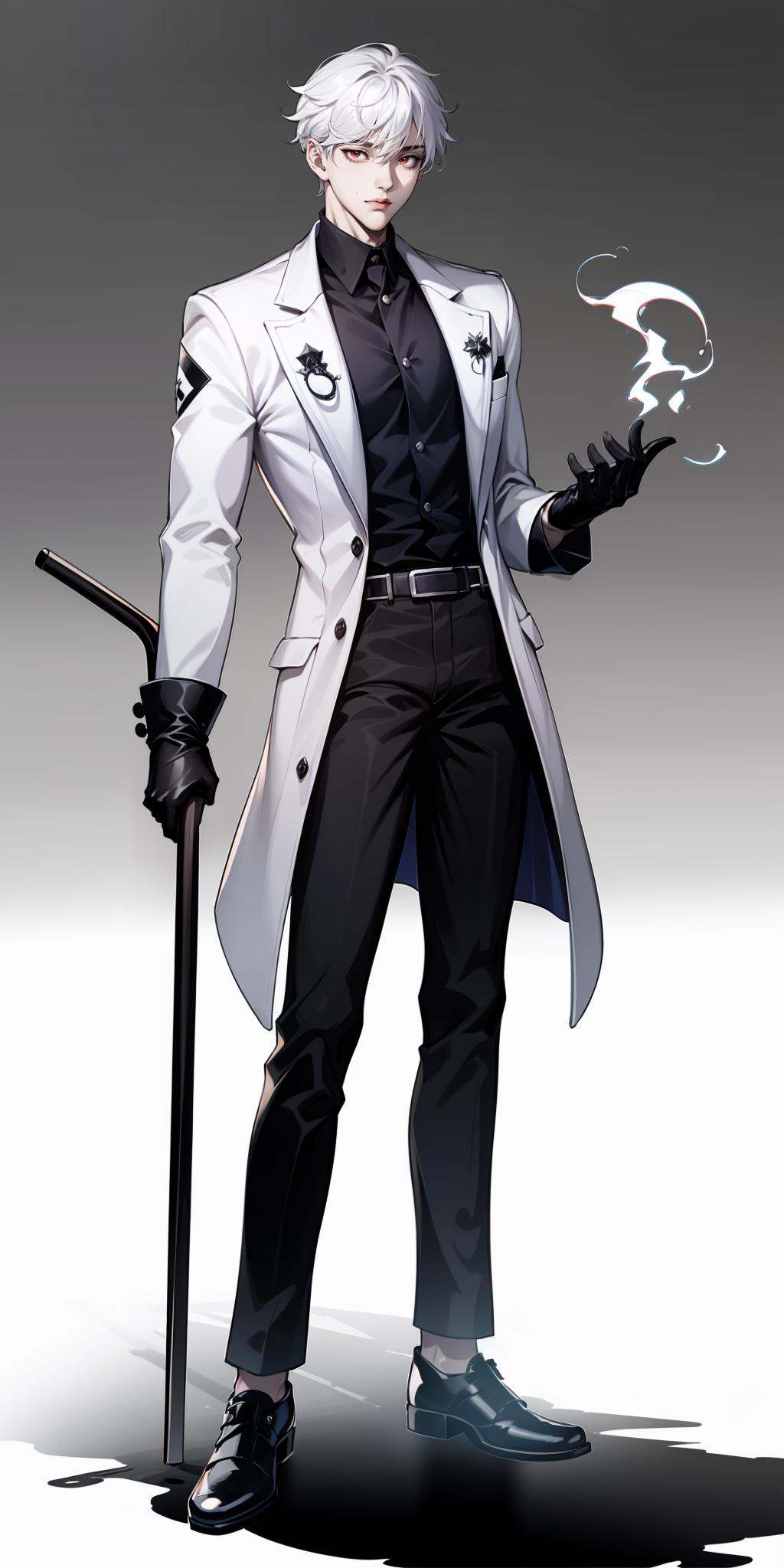 hezi,1boy,white hair,belt,full body,red eyes,simple background,sfw,white background,male focus,holding,coat,white coat,holding cane,white pants,white footwear,pants,long sleeves,long coat,gloves,standing,white shirt,shirt,black gloves,black footwear,white shirt,black belt,solo,black pants,cane,long hair,black shoes,original,long pants,holding cane,