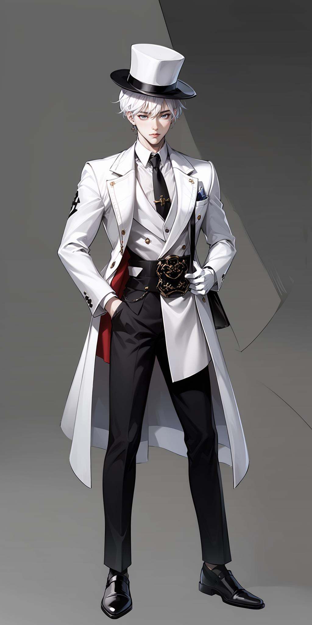 hezi,black footwear,white shirt,black headwear,black necktie,black pants,sfw,full body,white background,white pants,1boy,hat,solo,white hair,simple background,long sleeves,original,black belt,black belt,looking at viewer,white gloves,male focus,black shirt,long coat,white coat,white gloves,coat,black headgear,cross,necktie,gloves,formal,black eyes,white shirt,standing,