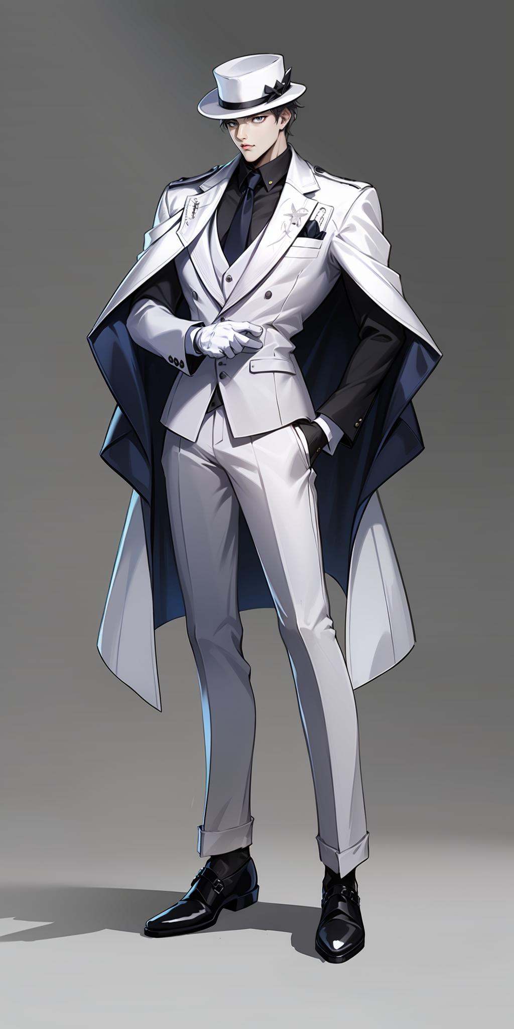 hezi, 1boy, black footwear, gloves, formal, black necktie, grey background, sfw, grey hair, white coat, white pants, white shirt, white headwear, male focus, full body, hat, white gloves, long coat, solo, black gloves, white shirt, simple background, white pants, original, long sleeves, white footwear, black footwear, white headgear, coat, necktie, white hat, white jacket, standing, shirt, jacket 