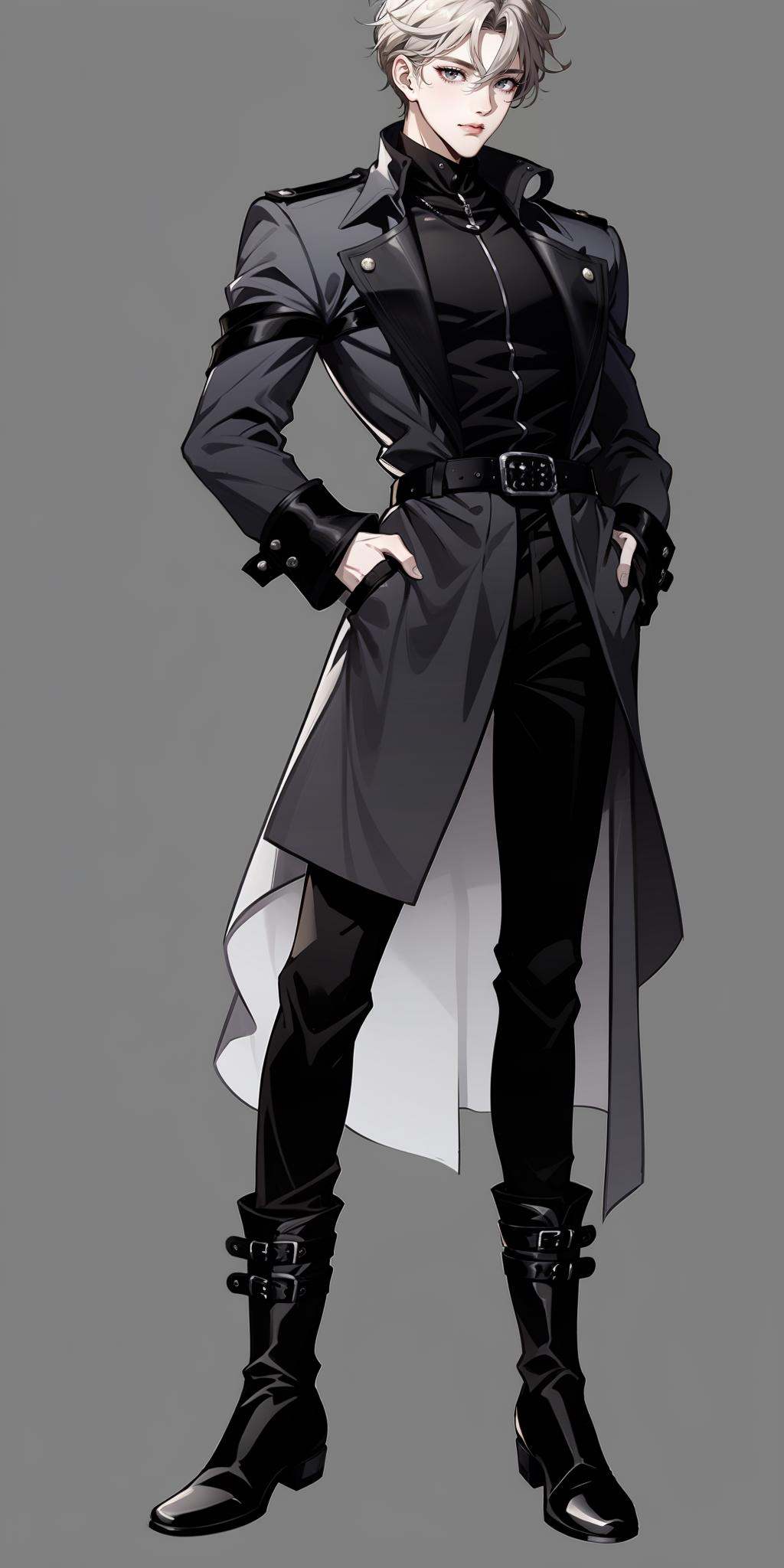 hezi,1boy,sfw,full body,black pants,belt,long sleeves,gloves,long coat,solo,black footwear,grey background,black gloves,standing,simple background,male focus,white hair,black coat,boots,coat,black pants,black belt,fingerless gloves,black footwear,long hair,black eyes,official art,pants,blonde hair,looking at viewer,