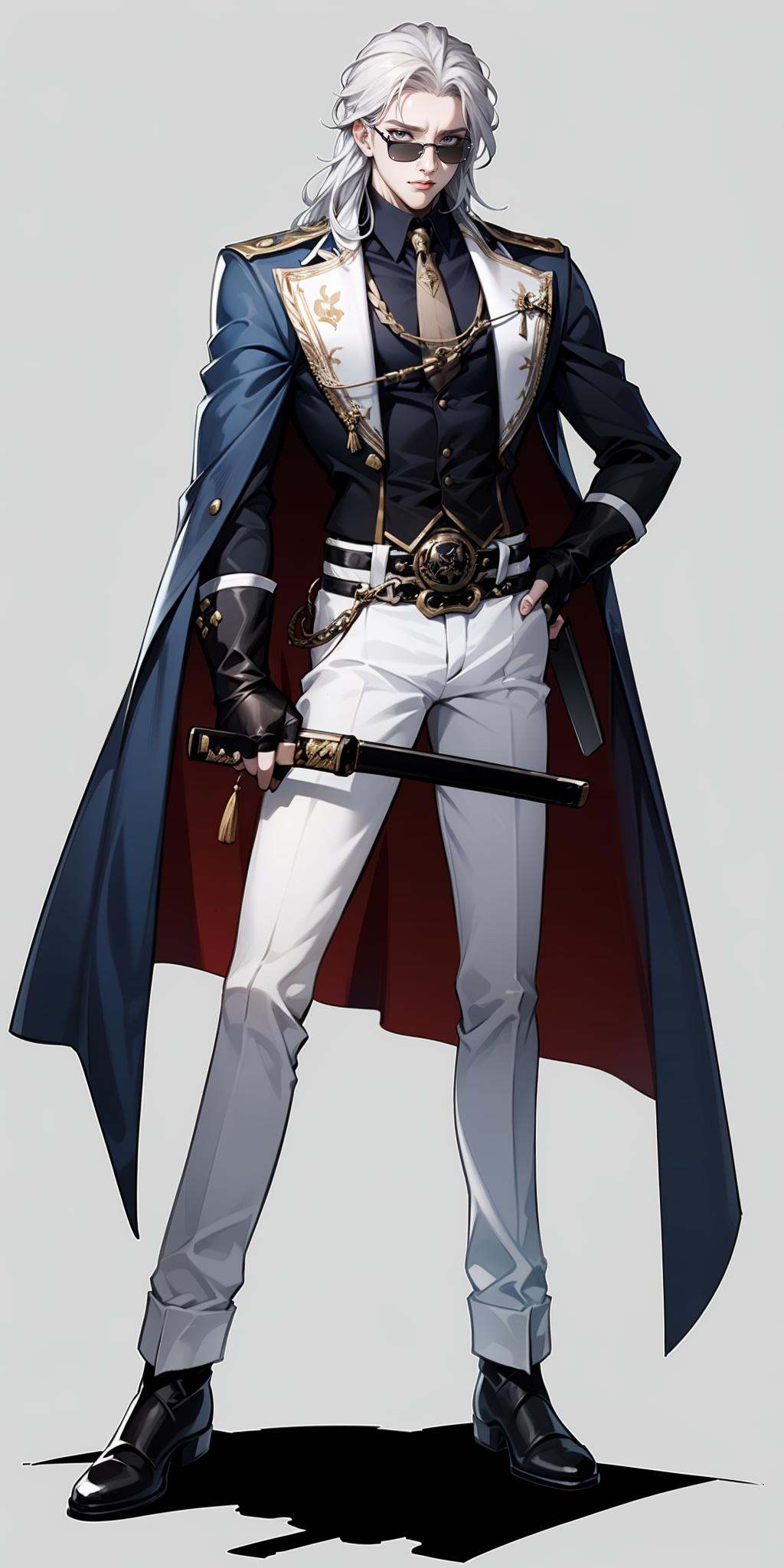 hezi,gloves,white background,male focus,1boy,white hair,sunglasses,full body,white pants,sfw,solo,long hair,white coat,simple background,coat,katana,weapon,white footwear,sword,fingerless gloves,belt,male focus,pants,black footwear,black gloves,official art,sheath,sheathed,long coat,original,black belt,holding,standing,holding sword,black_sunglasses,