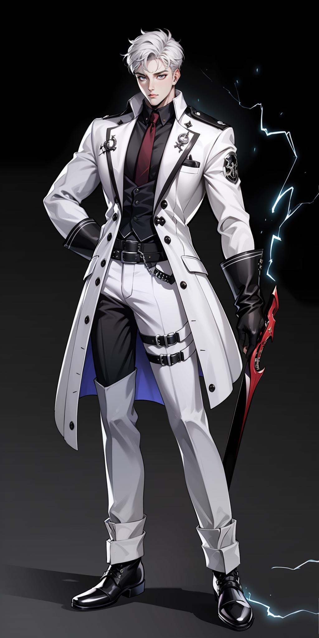 hezi,black footwear,1boy,white hair,white coat,belt,coat,sfw,black pants,long coat,weapon,electricity,black gloves,solo,full body,pants,holding,black belt,grey background,holding weapon,gloves,male focus,simple background,black footwear,electricity,white gloves,long hair,holding ***,***,original,black eyes,jacket,long sleeves,