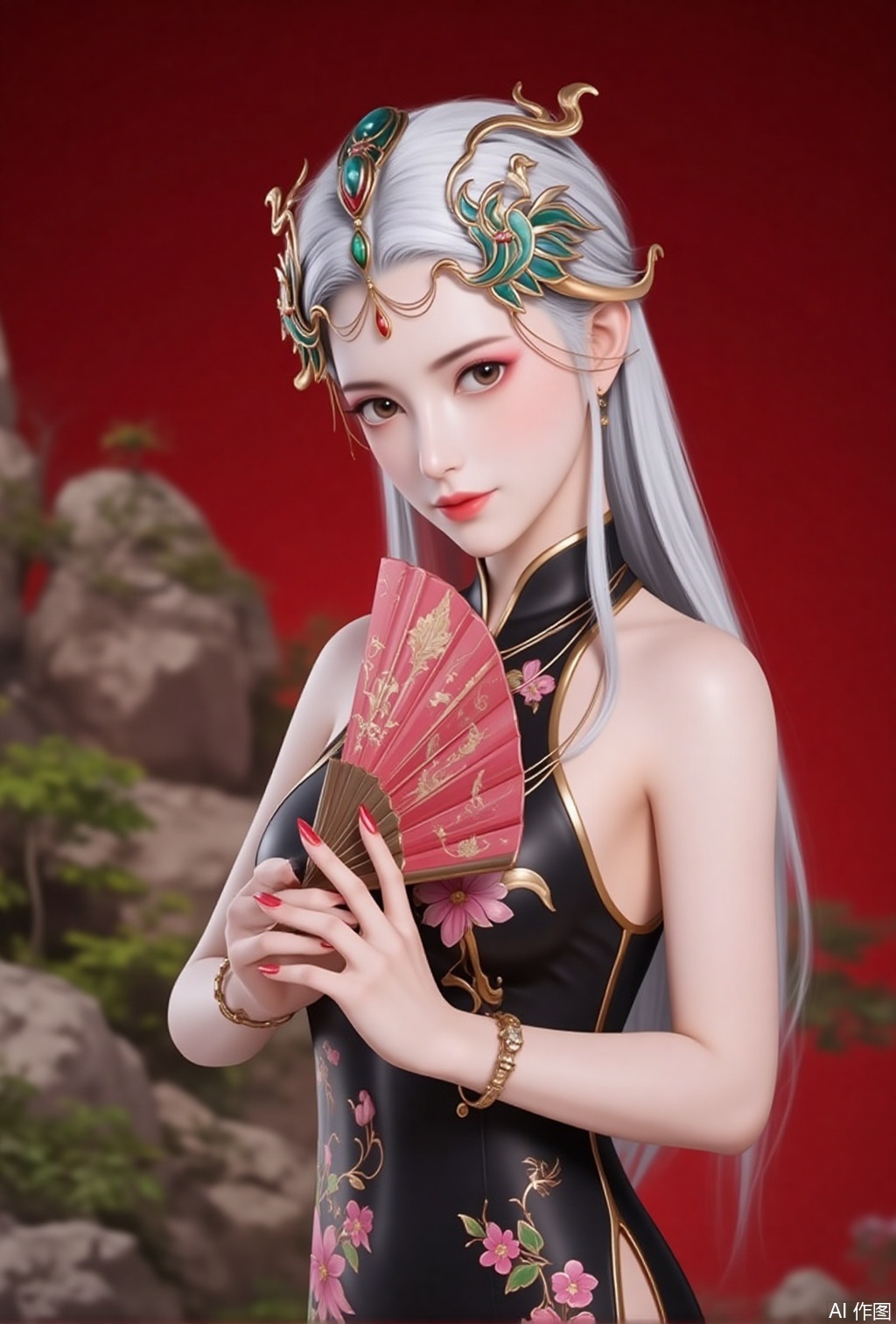 luxueqi,lvjing,qinyao,white hair,long hair,hair ornament,jewelry
1girl, solo, white hair, multicolored hair, hair ornament, makeup, two-tone hair, lips, black hair, eyeshadow, streaked hair, hair stick,1girl,dress,hand fan,holding,solo,earrings,jewelry,chinese clothes,china dress,black dress,holding fan,floral print,blurry,sleeveless,looking at viewer,sleeveless dress,red background,folding fan,standing,head tilt,2,cover,simple background,gradient background,close-up details,outstanding style,adding a touch of dimension to your images without compromising details,close_up