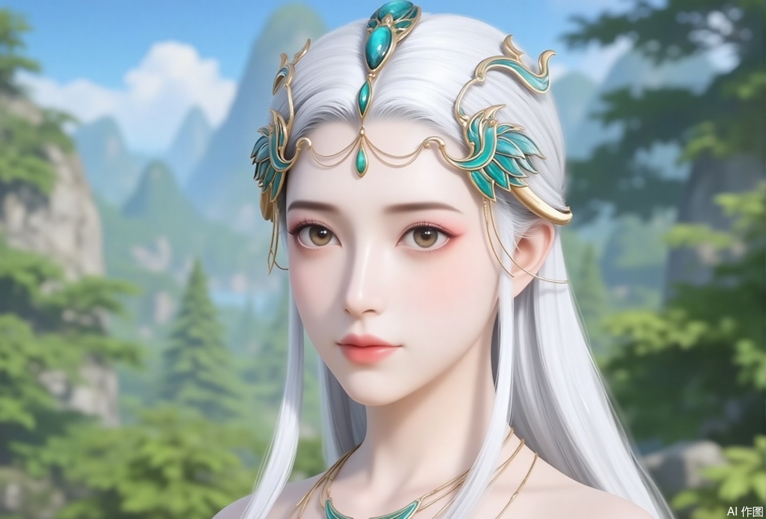 luxueqi,lvjing,qinyao,
1girl,solo,white hair,blurry background,long hair,blurry,hair ornament,portrait,jewelry,closed mouth,outdoors,necklace,sky,tree,day,blue sky,6,cover,gradient background,close-up details,outstanding style,adding a touch of dimension to your images without compromising details,close-up