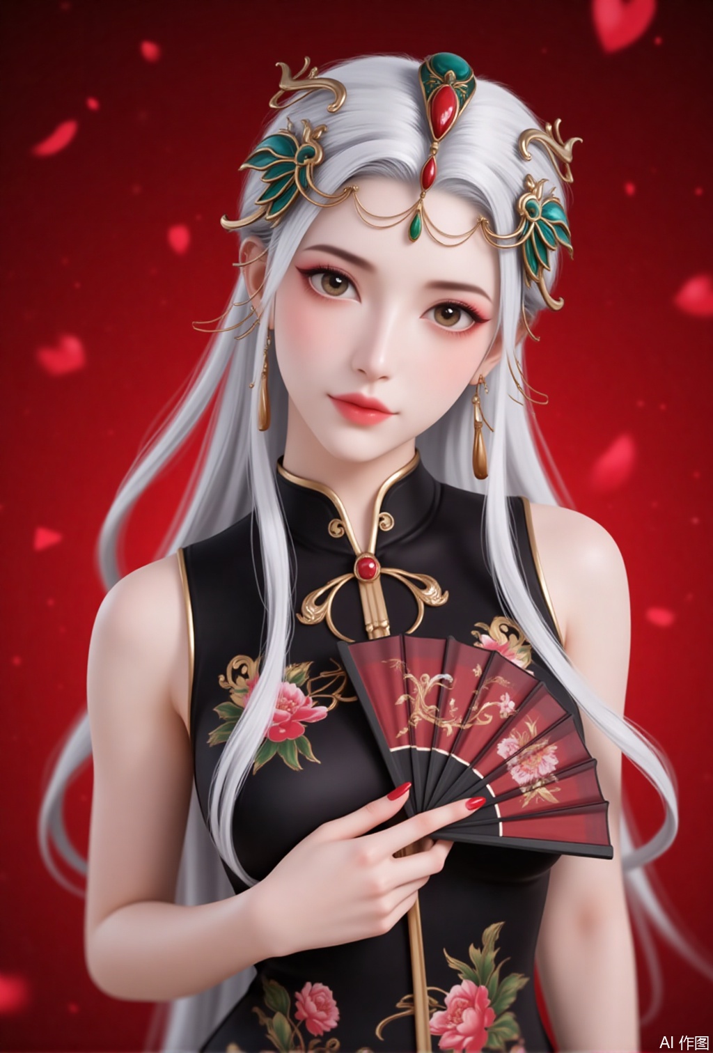 luxueqi,lvjing,qinyao,white hair,long hair,hair ornament,jewelry
1girl, solo, white hair, multicolored hair, hair ornament, makeup, two-tone hair, lips, black hair, eyeshadow, streaked hair, hair stick,1girl,dress,hand fan,holding,solo,earrings,jewelry,chinese clothes,china dress,black dress,holding fan,floral print,blurry,sleeveless,looking at viewer,sleeveless dress,red background,folding fan,standing,head tilt,2,cover,simple background,gradient background,close-up details,outstanding style,adding a touch of dimension to your images without compromising details,close_up