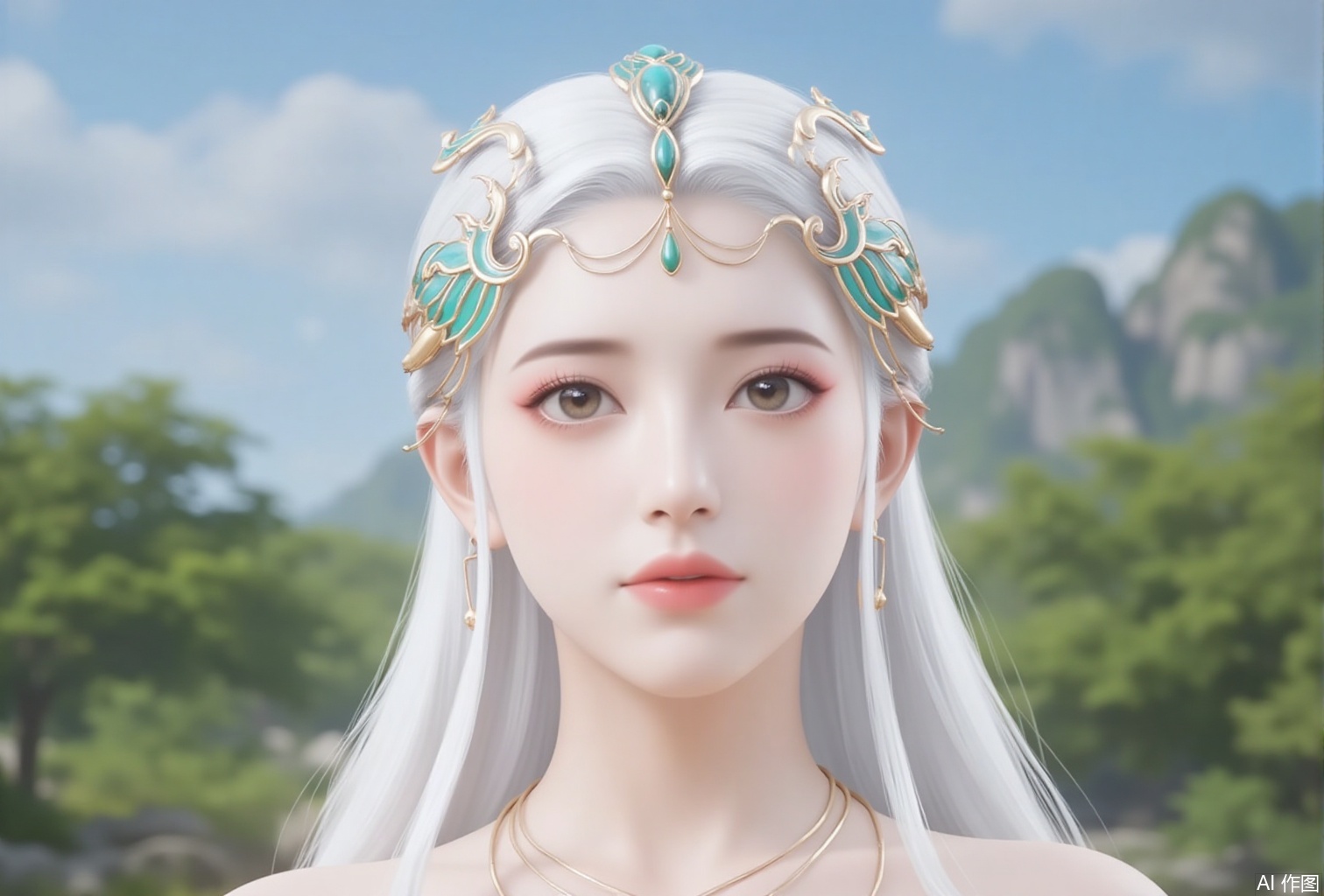 luxueqi,lvjing,qinyao,
1girl,solo,white hair,blurry background,long hair,blurry,hair ornament,portrait,jewelry,closed mouth,outdoors,necklace,sky,tree,day,blue sky,6,cover,gradient background,close-up details,outstanding style,adding a touch of dimension to your images without compromising details,close-up