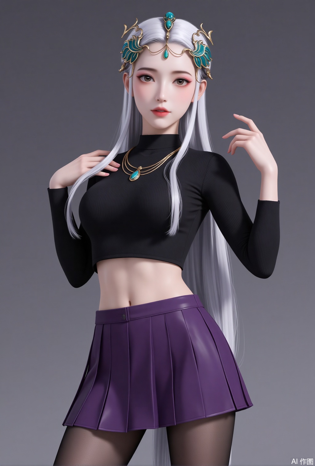 luxueqi,lvjing,qinyao,white hair,long hair,hair ornament,jewelry
1girl,breasts,skirt,solo,pantyhose,large breasts,purple skirt,covered navel,long sleeves,taut clothes,miniskirt,pleated skirt,turtleneck,black shirt,shirt,black pantyhose,taut shirt,64, cover,simple background,gradient background,close-up details,outstanding style,adding a touch of dimension to your images without compromising details,close-up