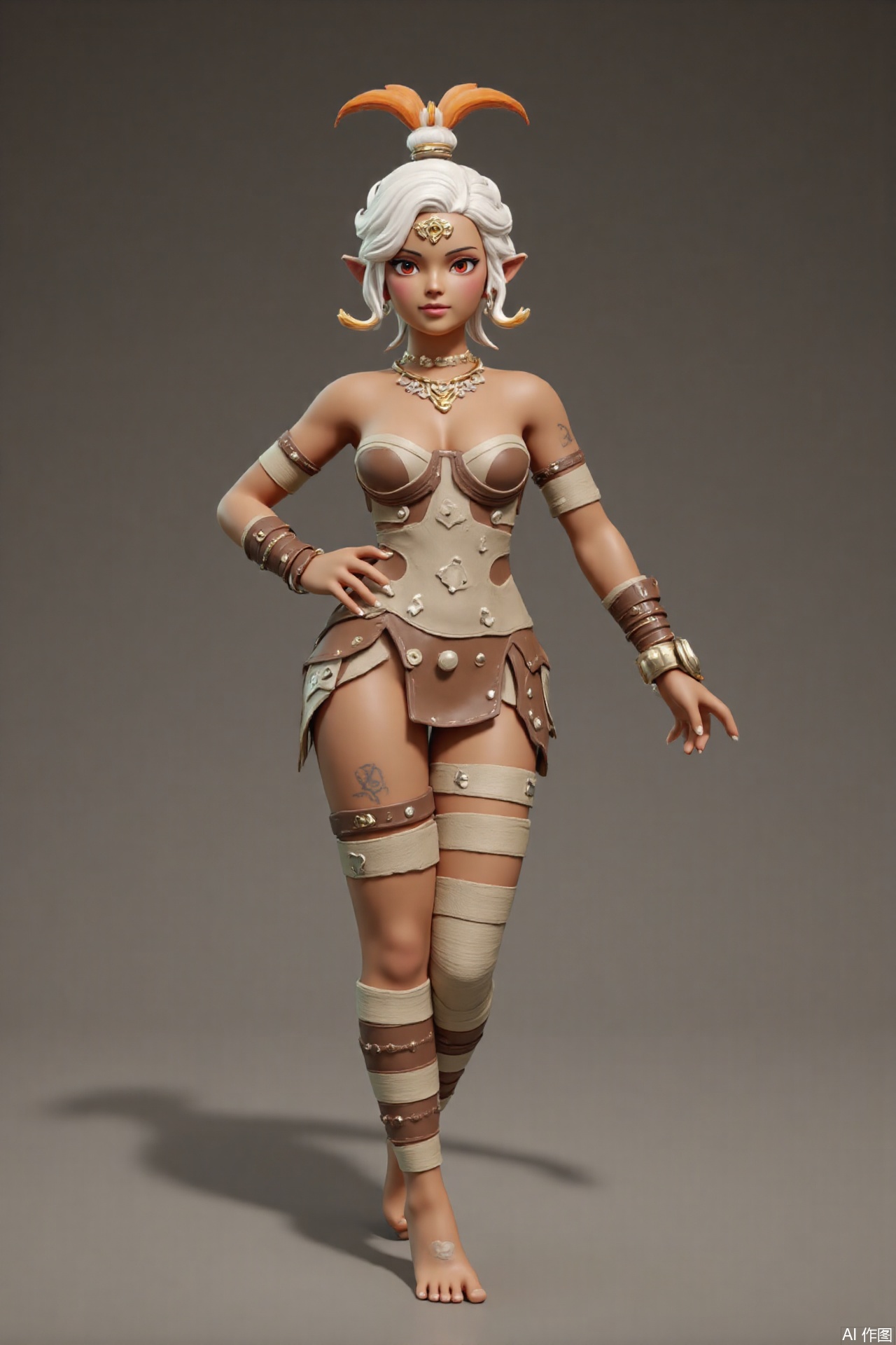 Disney style,Pixar 3D illustration,Theres a lone girl who is an orc. Her hair is white and fashioned into a single long braid. She boasts medium breasts, a tanned skin tone, and fiery red eyes. A tattoo is visible on her skin, and she goes barefoot. Her attire is a unique dress with bandages and jewelry accents. A headpiece adorned with feathers sits atop her head, giving her an exotic look.