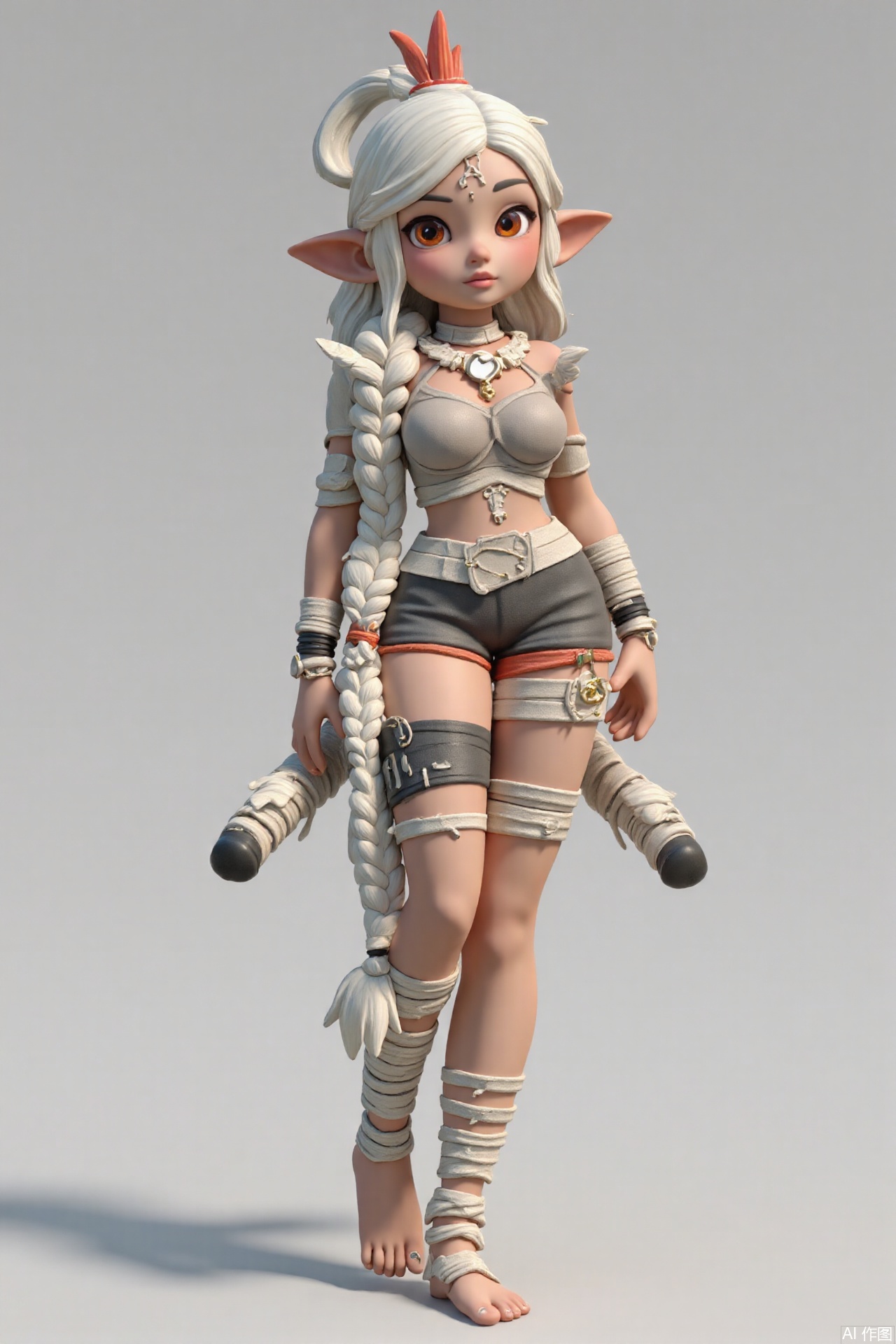Disney style,Pixar 3D illustration,Heres a lone orc girl. Her white hair is in a single long braid. She has medium breasts, a porcelain - like skin tone (another different skin tone option), and red eyes that draw you in. A tattoo is present on her, and shes walking barefoot. Her dress is a combination of bandages and jewelry, looking quite distinctive. A feather - adorned headpiece sits gracefully on her head, making her stand out.