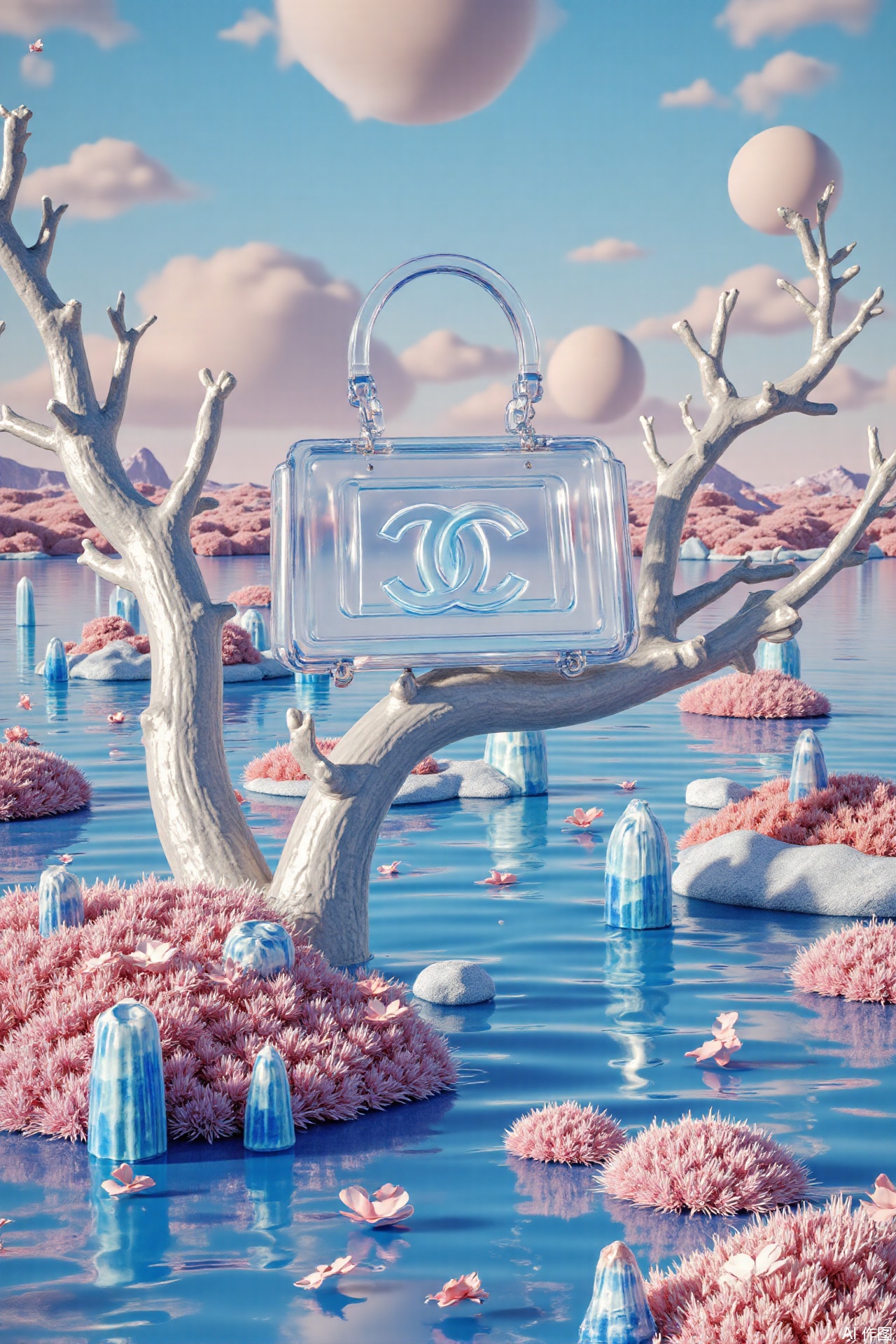 This photo depicts a surreal scenery,with a Chanel transparent handbag symbolizing luxury placed on a silver tree branch. The main theme is transparent bags,flowers,and water placed on silver branches. Rich background,peaceful sky,and huge celestial bodies. The scene is illuminated by soft ambient light,casting a soft glow on the surrounding blue pink plants and water surface. Small light blue columnar crystal clusters,divergent crystal columns,abstract elements,line design,3D surreal scenes,cool scenes,transparent glass materials,blue flowers,