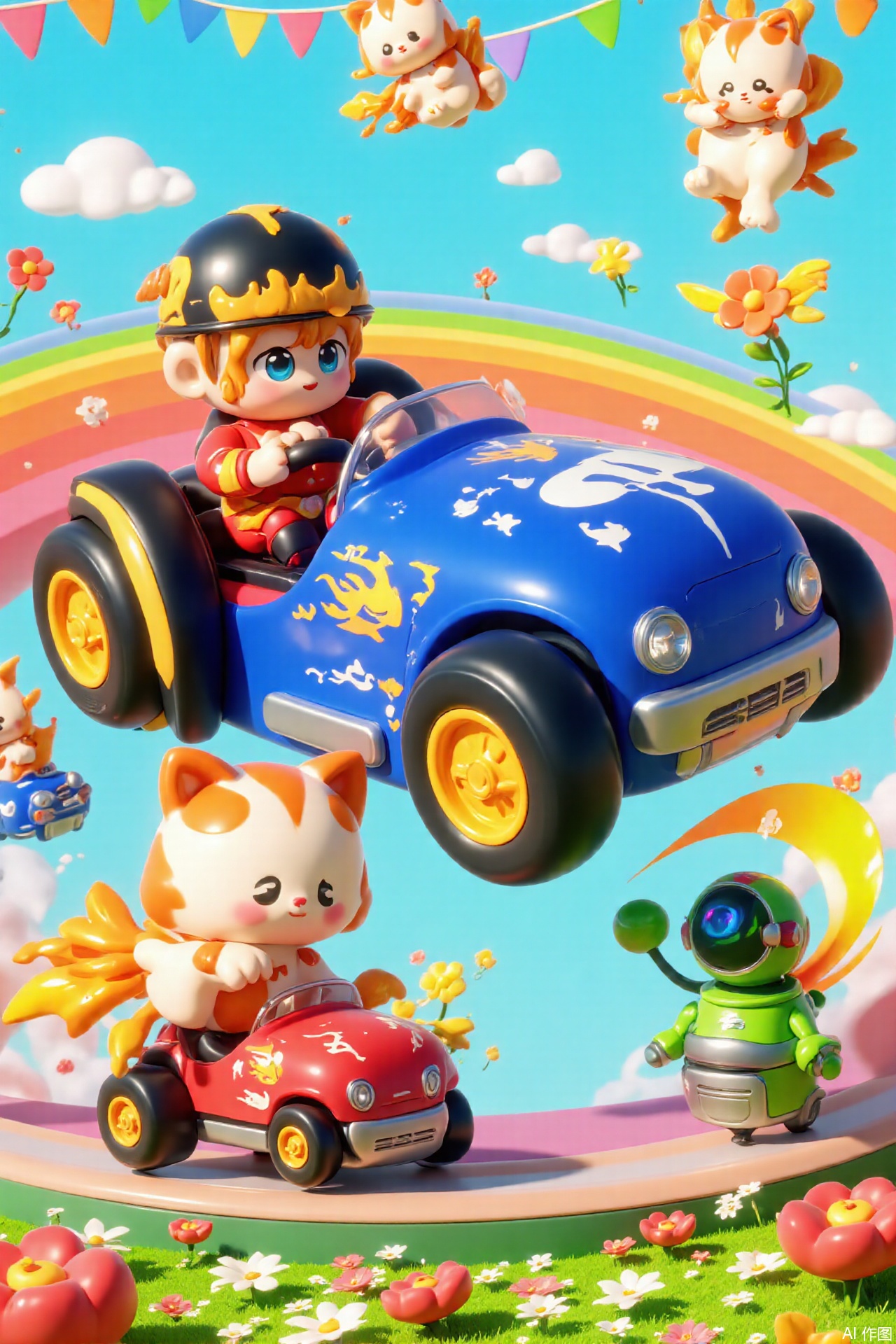This image depicts a vibrant and whimsical cartoon scene. The main subject is a blue race car with flame patterns on the body and black tires with yellow stripes. The driver, dressed in a red racing suit and wearing a black helmet, grips the steering wheel firmly with a resolute look. The car is racing on a rainbow track surrounded by colorful flowers and fluttering flags. Flying in the sky are several winged kittens with white and orange fur. In the lower right corner of the image, there is a green fuel robot waving a fuel gun.