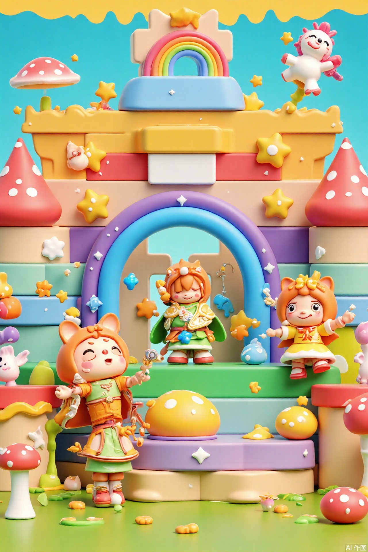 3d,This image displays a vibrant and whimsical cartoon scene. The main subject is a fairy tale castle built with colorful blocks. In front of the castle are two cartoon characters. One is a little hedgehog wearing a green knight's suit and an orange cape, holding a gem-encrusted sword. The other is a little fox dressed in a yellow dress and a bow headband, excitedly pointing at the castle gate. Around the castle, glowing mushrooms sway gently, and fairies carrying lanterns flutter about. At the top of the castle tower, a rainbow-colored unicorn is neighing happily. The gate is decorated with twinkling star patterns, and the entire scene exudes a dreamy and adventurous atmosphere.