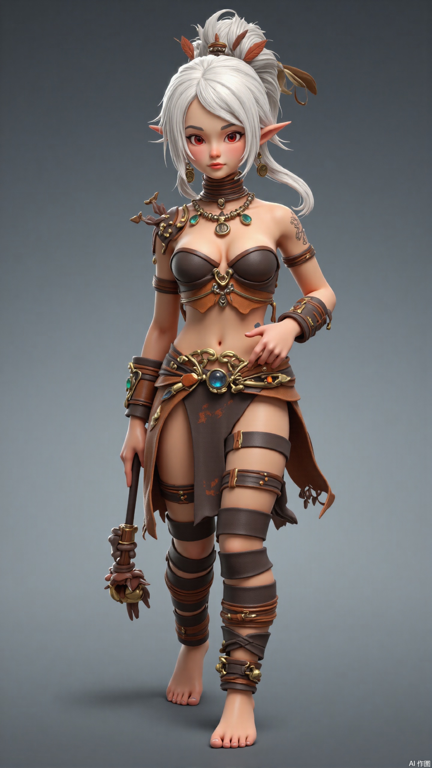 Disney style,Pixar 3D illustration,Heres a lone orc girl. Her white hair is in a single long braid. She has medium breasts, a porcelain - like skin tone (another different skin tone option), and red eyes that draw you in. A tattoo is present on her, and shes walking barefoot. Her dress is a combination of bandages and jewelry, looking quite distinctive. A feather - adorned headpiece sits gracefully on her head, making her stand out.