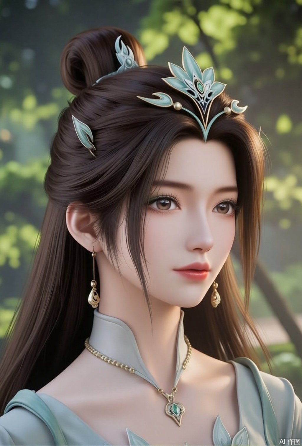 luxueqi,lvjing,yanruyu
1girl, earrings, jewelry, solo, hair ornament, brown hair, portrait, long hair, blurry background, hair bun, looking to the side, tree, blurry,5