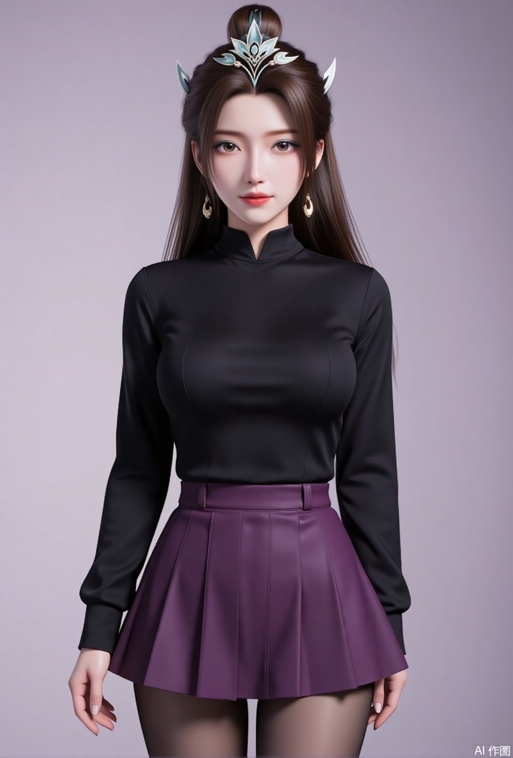 luxueqi,lvjing,yanruyu,earrings,jewelry,solo,hair ornament,brown hair,long hair,hair bun,
1girl,breasts,skirt,solo,pantyhose,large breasts,purple skirt,covered navel,long sleeves,taut clothes,miniskirt,pleated skirt,turtleneck,black shirt,shirt,black pantyhose,taut shirt,64, cover,simple background,gradient background,close-up details,outstanding style,adding a touch of dimension to your images without compromising details,close-up