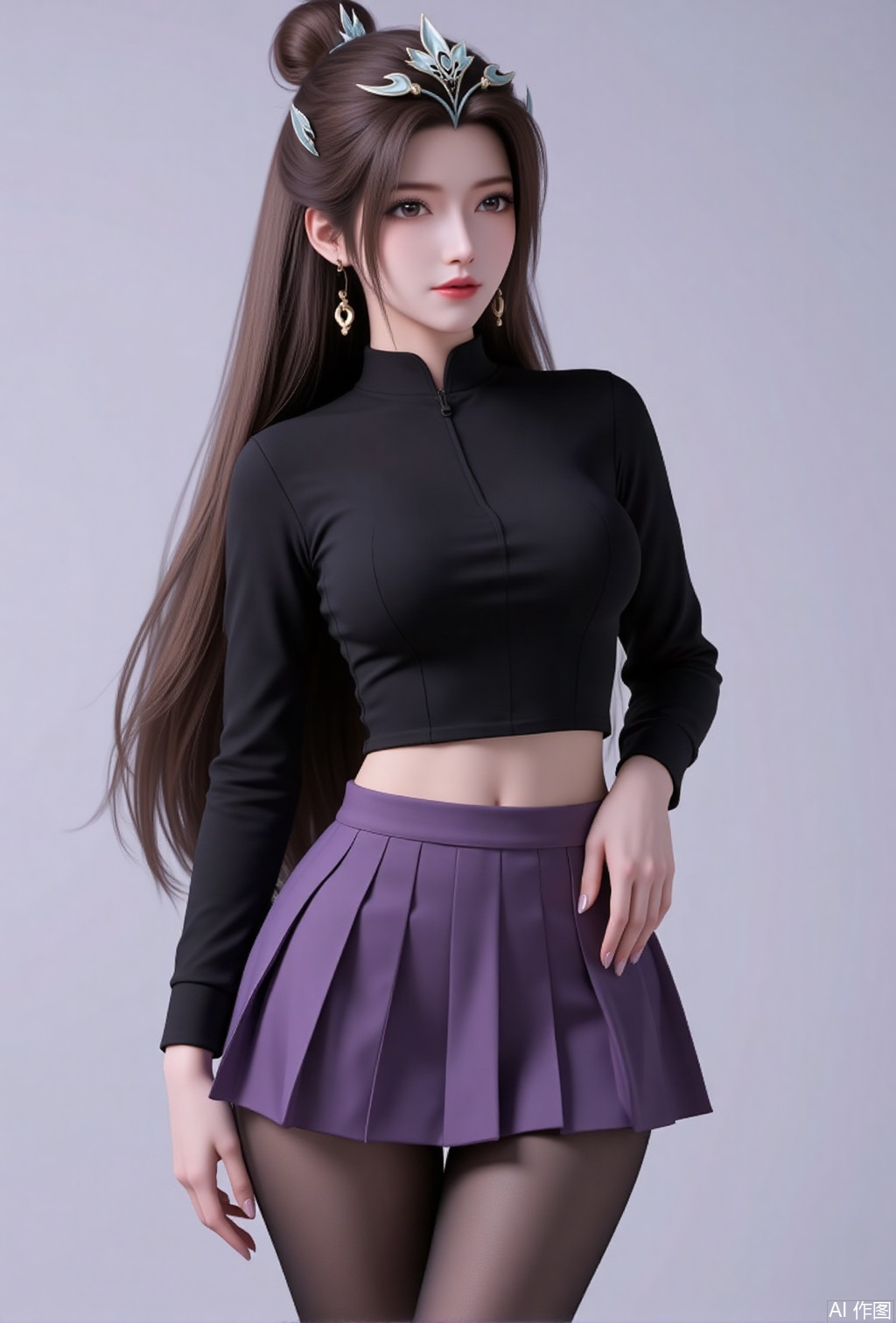 luxueqi,lvjing,yanruyu,earrings,jewelry,solo,hair ornament,brown hair,long hair,hair bun,
1girl,breasts,skirt,solo,pantyhose,large breasts,purple skirt,covered navel,long sleeves,taut clothes,miniskirt,pleated skirt,turtleneck,black shirt,shirt,black pantyhose,taut shirt,64, cover,simple background,gradient background,close-up details,outstanding style,adding a touch of dimension to your images without compromising details,close-up