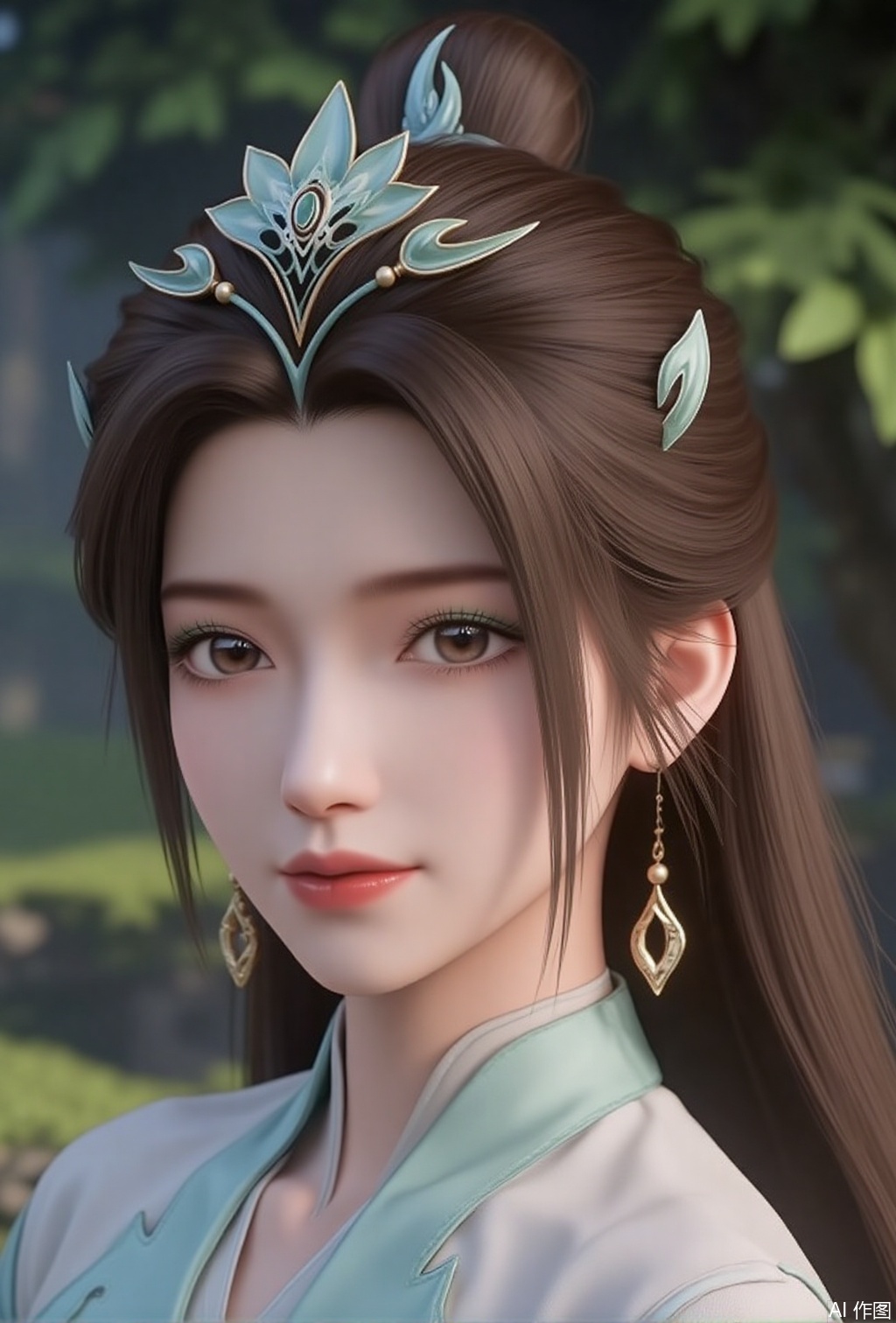 luxueqi,lvjing,yanruyu
1girl, earrings, jewelry, solo, hair ornament, brown hair, portrait, long hair, blurry background, hair bun, looking to the side, tree, blurry,5