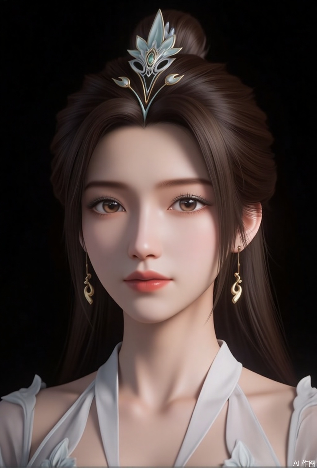 luxueqi,lvjing,yanruyu,earrings,jewelry,solo,hair ornament,brown hair,long hair,hair bun,
1girl,solo,jewelry,hair ornament,earrings,black background,crescent,realistic,bare shoulders,crescent earrings,hair rings,portrait,closed mouth,dress,simple background,detached collar,upper body,lips,white dress,necklace,6,cover,gradient background,close-up details,outstanding style,adding a touch of dimension to your images without compromising details,close-up,