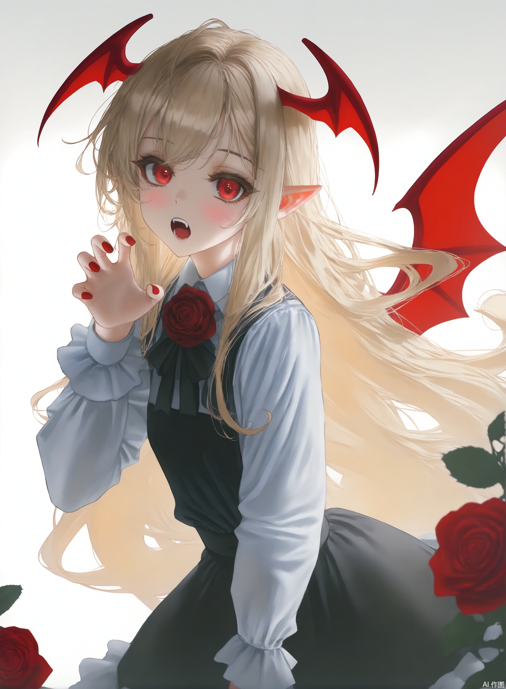 masterpiece,best quality,high quality,chromatic_aberration,light,(colorful:0.5),fair_skin,very aesthetic,absurdres,amazing quality,(aestivation:0.4),(nasii:0.4),(toosaka asagi:0.4),(atdan:0.4),(artist:quasarcake:0.8),(iumu:0.72),(wlop:0.72),96YOTTEA,Konya Karasue,//masterpiece,best quality,chromatic aberrationgood work,illustration,depth of field,(color),masterpiece,best quality,good work,illustration,depth of field,cowboy shot,((best quality)),((masterpiece)),1girl,solo,long hair,looking at viewer,blush,open mouth,bangs,skirt,blonde hair,simple background,shirt,red eyes,long sleeves,white background,black shirt,flower,frills,wings,pointy ears,fang,collared shirt,black skirt,rose,fangs,bat wings,frilled skirt,head wings,red flower,red rose,petticoat,claw pose,vampire,vampy,Gothic
