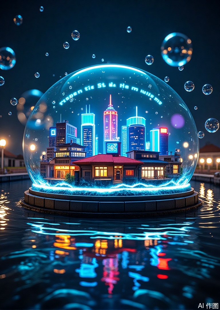Photorealistic CGI, cityscape inside a glass dome, colorful buildings, vibrant lights, reflections on water, bubbles floating around, futuristic architecture, neon lights, night setting, water ripples, detailed textures, high contrast, soft lighting, serene atmosphere, urban fantasy, no people, reflective surfaces, clean lines, whimsical feel, clear glass dome, modern city, bright lights, calm water, colorful city, blue and yellow hues, digital art, no visible artist signature, high resolution, intricate details, no visible watermark, no visible text, no visible background, no visible horizon, no visible sky, no visible clouds, no visible ground, no visible horizon, no visible trees.