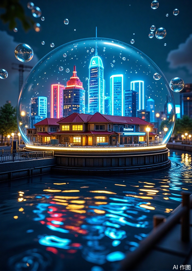 Photorealistic CGI, cityscape inside a glass dome, colorful buildings, vibrant lights, reflections on water, bubbles floating around, futuristic architecture, neon lights, night setting, water ripples, detailed textures, high contrast, soft lighting, serene atmosphere, urban fantasy, no people, reflective surfaces, clean lines, whimsical feel, clear glass dome, modern city, bright lights, calm water, colorful city, blue and yellow hues, digital art, no visible artist signature, high resolution, intricate details, no visible watermark, no visible text, no visible background, no visible horizon, no visible sky, no visible clouds, no visible ground, no visible horizon, no visible trees.