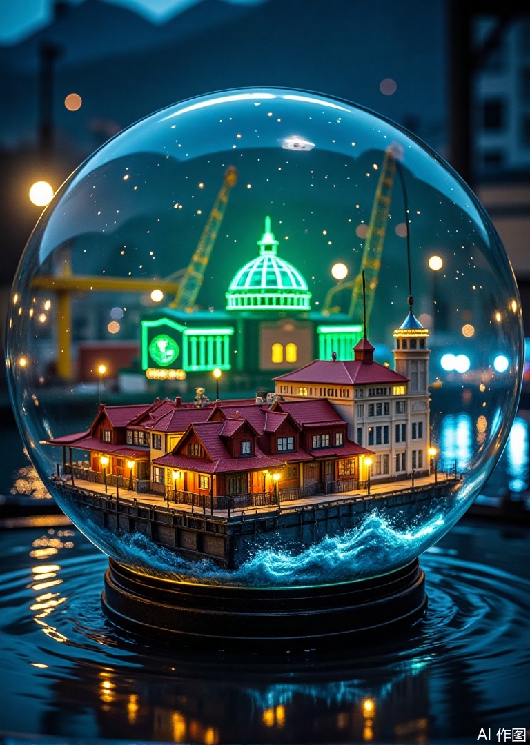 A hyper-detailed microcosm within a transparent glass orb: Qingdao's skyline reimagined in miniature, where scarlet-roofed German-style villas from the Badaguan district intertwine with industrial  (container ports), their steel cranes frozen mid-motion. The orb's curved surface acts as a prism, reflecting the neon-lit silhouette of the Tsingtao Beer Museum—its iconic green dome glowing like a neon jewel—while tiny LED strings mimic the city's waterfront nightlife.