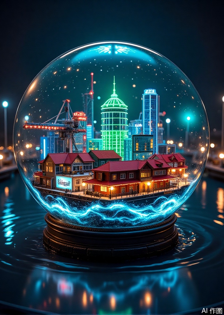 A hyper-detailed microcosm within a transparent glass orb: Qingdao's skyline reimagined in miniature, where scarlet-roofed German-style villas from the Badaguan district intertwine with industrial  (container ports), their steel cranes frozen mid-motion. The orb's curved surface acts as a prism, reflecting the neon-lit silhouette of the Tsingtao Beer Museum—its iconic green dome glowing like a neon jewel—while tiny LED strings mimic the city's waterfront nightlife.