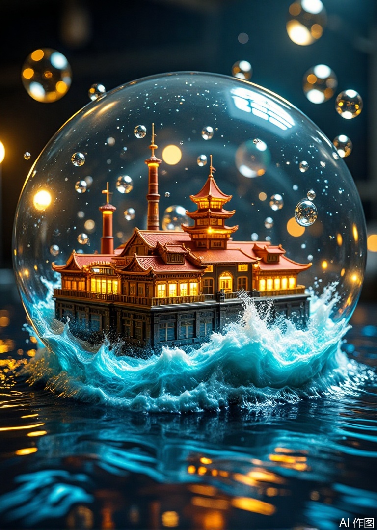 In ultra-high macro focus, waves crash against the glass interior's replica of Zhanqiao Pier, their frothy crests  (frozen as liquid crystal) with iridescent light refractions. The shallow depth of field blurs a dreamlike background where luminous beer bubbles—backlit by holographic LEDs—rotate in slow motion, their golden haze merging with the amber hues of Tsingtao's iconic brew. The composition balances historical architecture, modern industry, and whimsical alchemy, all sealed in a snow-globe-like vessel that captures the city's soul in a single, surreal glance.