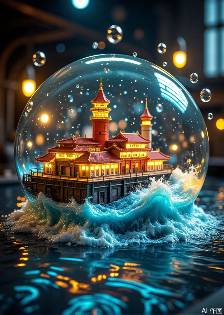 In ultra-high macro focus, waves crash against the glass interior's replica of Zhanqiao Pier, their frothy crests  (frozen as liquid crystal) with iridescent light refractions. The shallow depth of field blurs a dreamlike background where luminous beer bubbles—backlit by holographic LEDs—rotate in slow motion, their golden haze merging with the amber hues of Tsingtao's iconic brew. The composition balances historical architecture, modern industry, and whimsical alchemy, all sealed in a snow-globe-like vessel that captures the city's soul in a single, surreal glance.