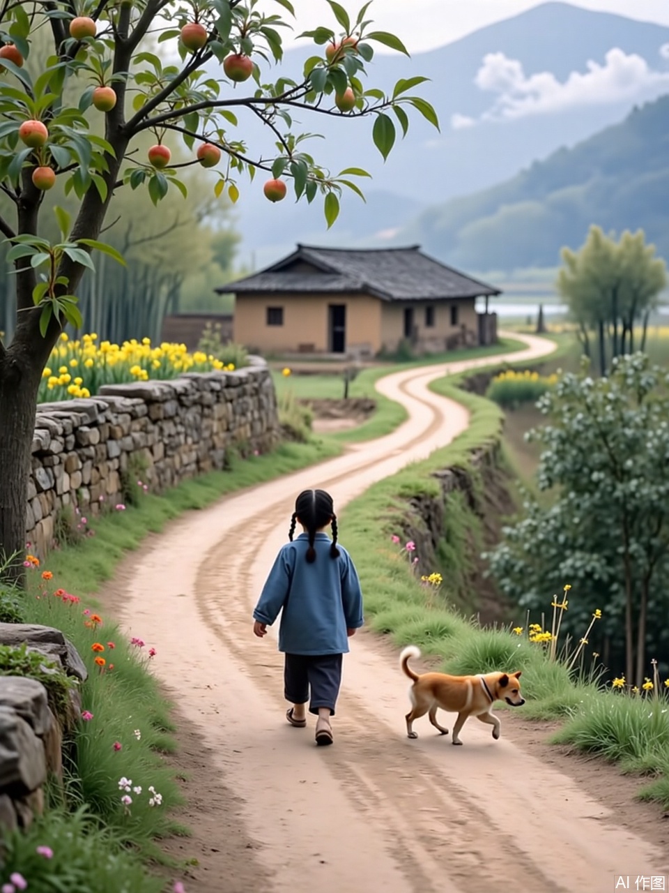 village,Guide line composition, a little girl with a blue coat on her upper body and black pants on her lower body, walking barefoot on a mountain path. The background is a winding path on the mountain, with bamboo forests and trees on both sides of the road, and the top of the mountain is misty in the distance. Master mirror, high quality, in line with natural logic. Realistic style, landscape